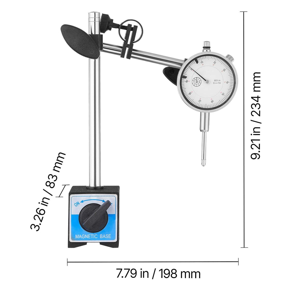 Dial Test Indicator with Dual Rod Stand and Storage Case, 0.001 inch Accuracy, 0-1 inch Range, Fine Adjustable Long Arm, Non-Magnetic Centering Rods for Machine Set-Up, Narrow Area Measurement