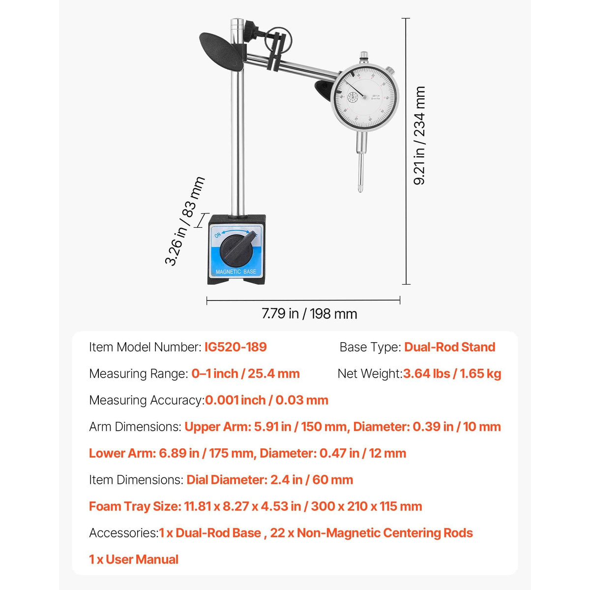 Dial Test Indicator with Dual Rod Stand and Storage Case, 0.001 inch Accuracy, 0-1 inch Range, Fine Adjustable Long Arm, Non-Magnetic Centering Rods for Machine Set-Up, Narrow Area Measurement