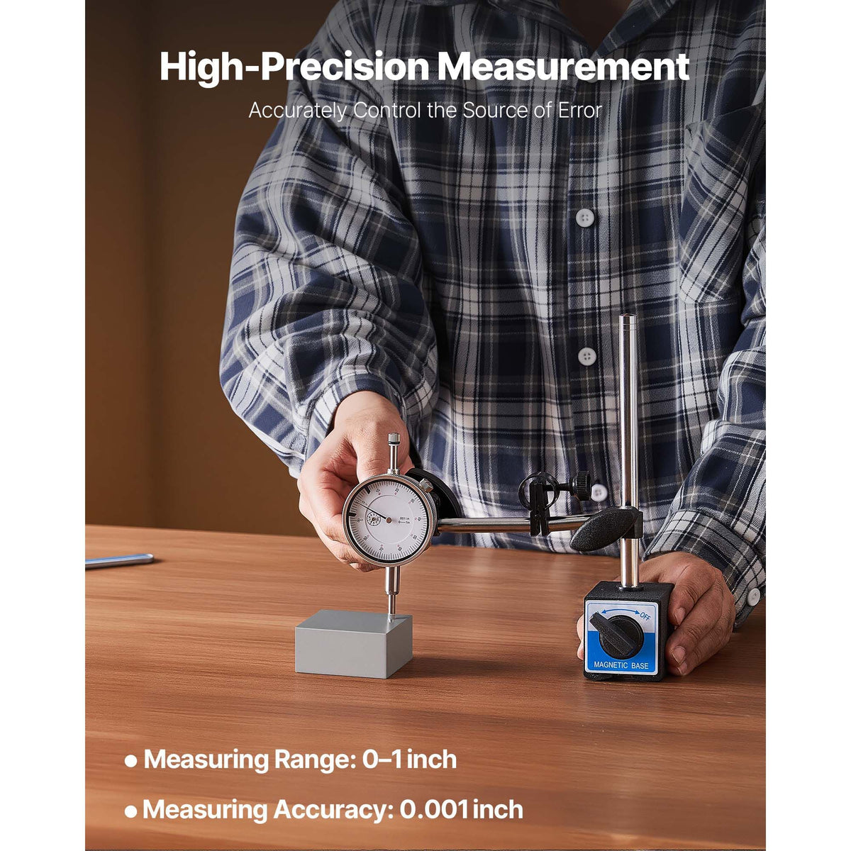 Dial Test Indicator with Dual Rod Stand and Storage Case, 0.001 inch Accuracy, 0-1 inch Range, Fine Adjustable Long Arm, Non-Magnetic Centering Rods for Machine Set-Up, Narrow Area Measurement
