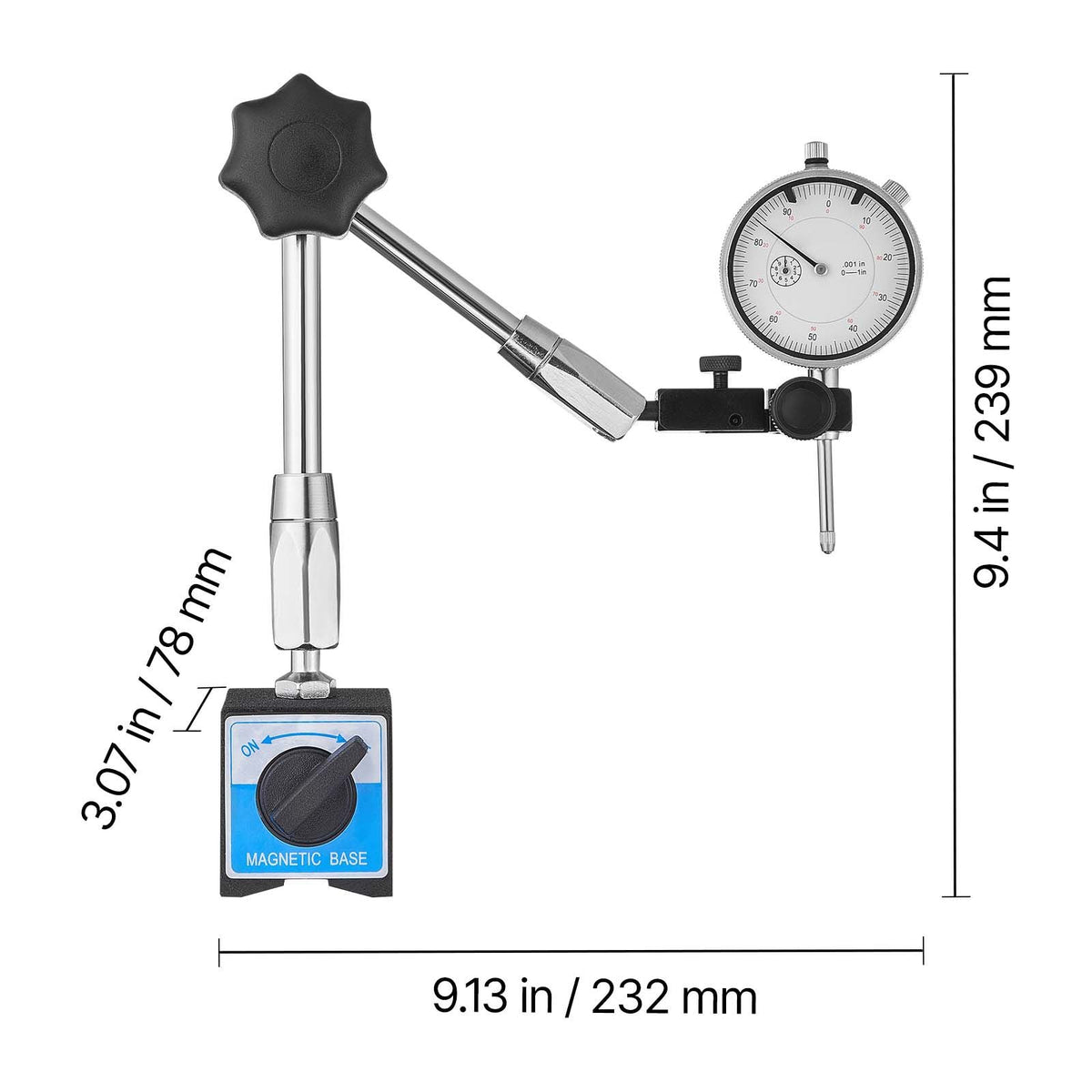 Dial Test Indicator with Magnetic Flexible Base Stand, 0.001 inch Accuracy, 0-1 inch Range, Fine Adjustable Long Arm, Professional for Machine Set-Up, Narrow Area Measurement, Easy to Read