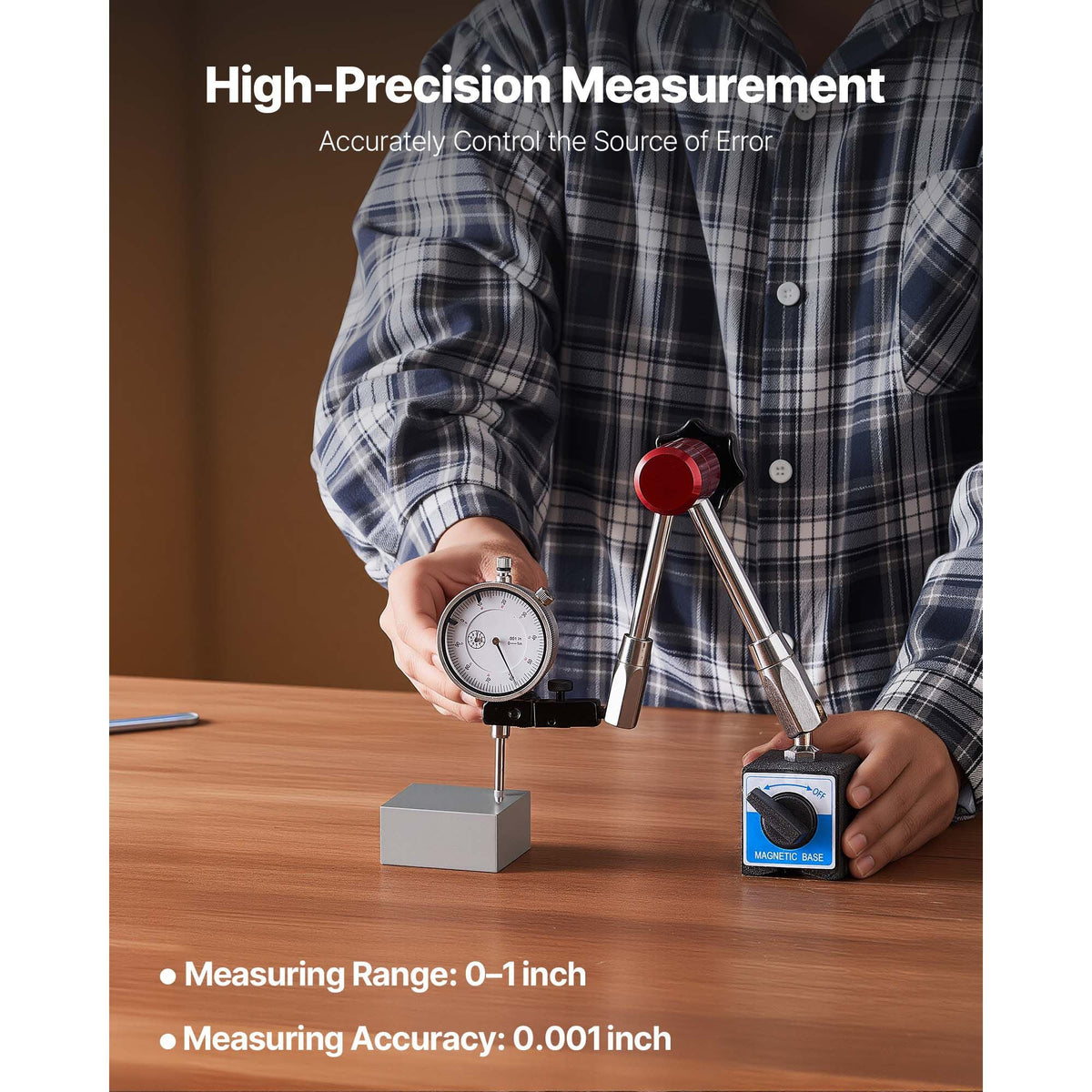 Dial Test Indicator with Magnetic Flexible Base Stand, 0.001 inch Accuracy, 0-1 inch Range, Fine Adjustable Long Arm, Professional for Machine Set-Up, Narrow Area Measurement, Easy to Read