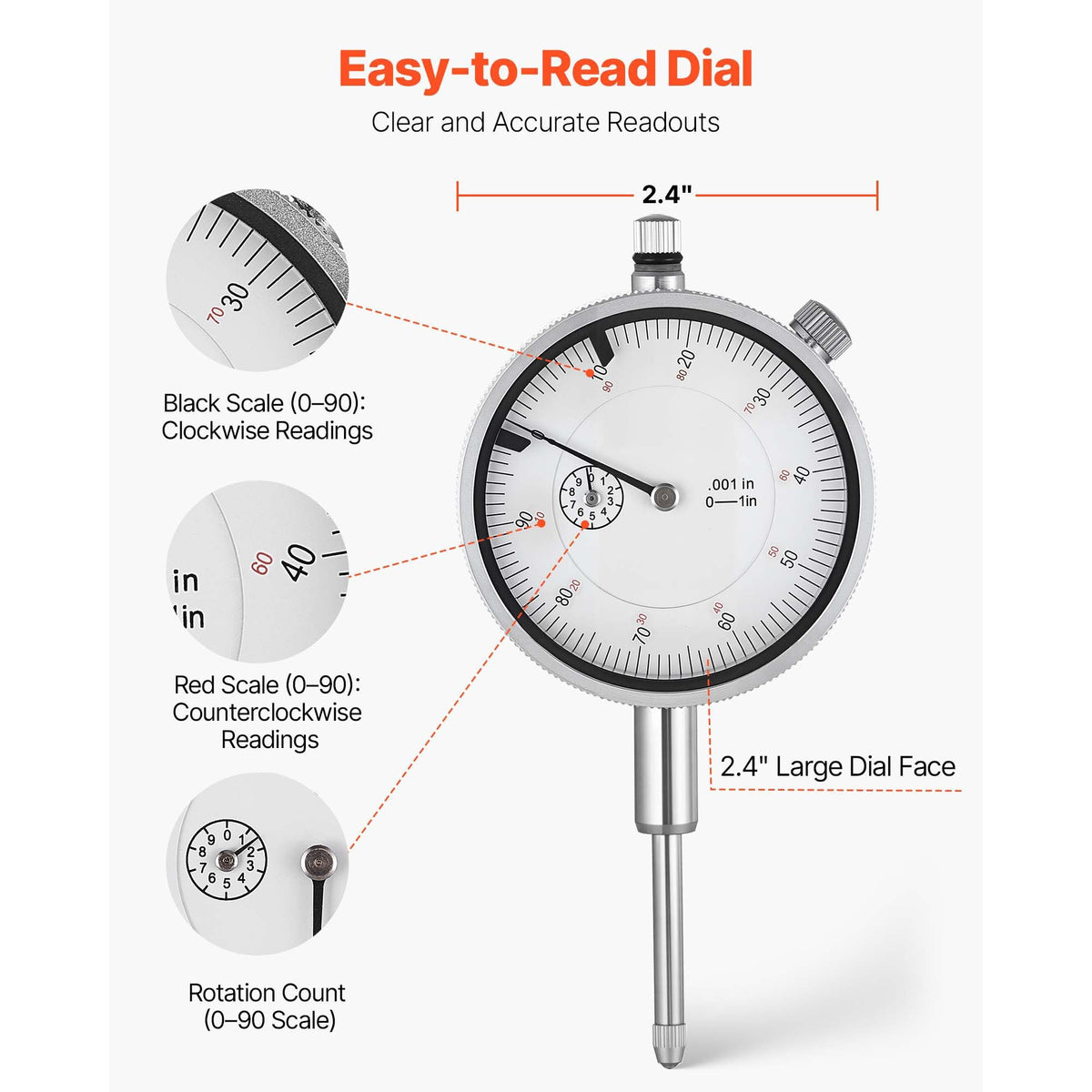 Dial Test Indicator with Magnetic Flexible Base Stand, 0.001 inch Accuracy, 0-1 inch Range, Fine Adjustable Long Arm, Professional for Machine Set-Up, Narrow Area Measurement, Easy to Read