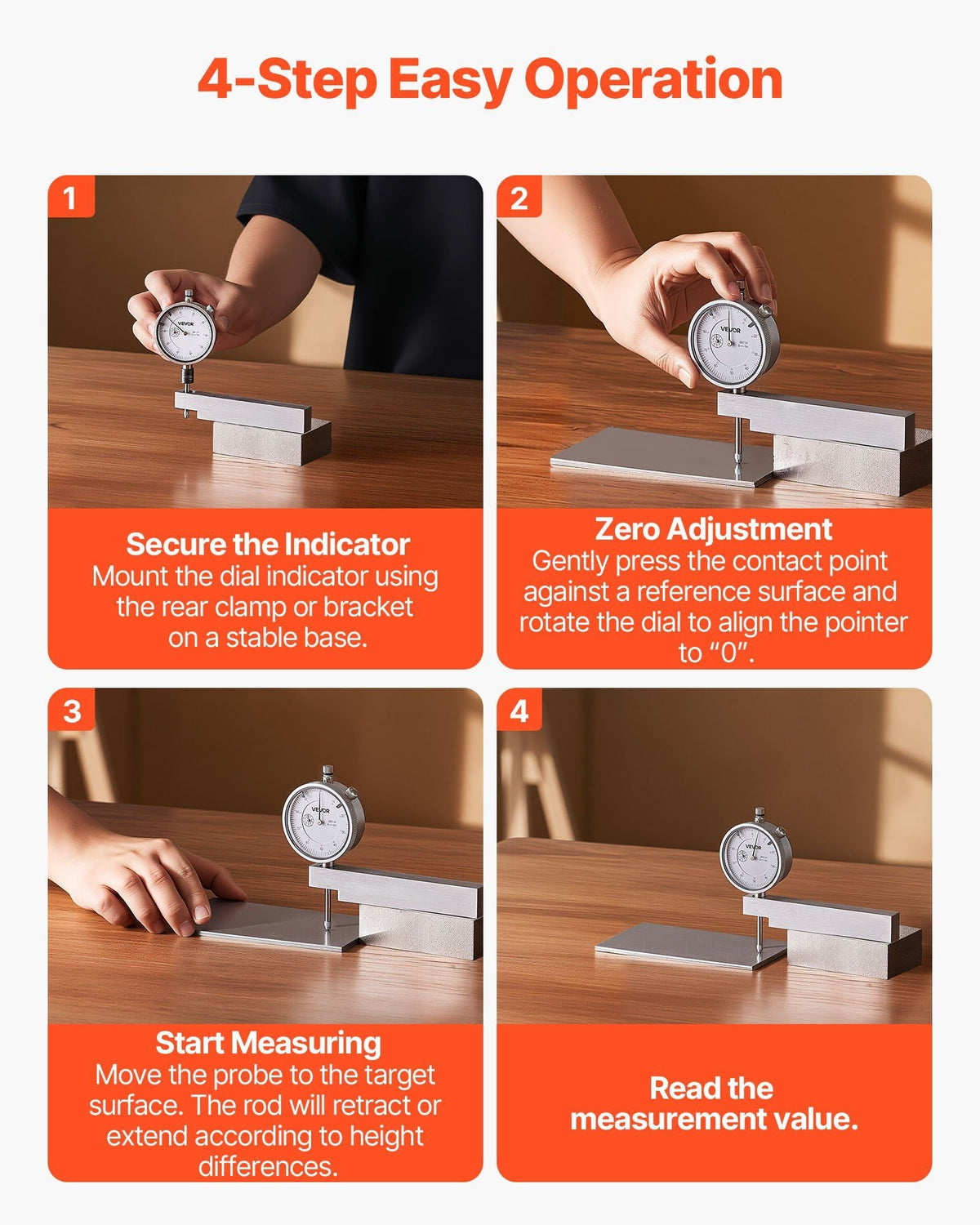 Dial Test Indicator with Metal Base, 0.001 inch Accuracy, 0-1 inch Range, Easy to Read Large Dial, Professional for Narrow Area Measurement, Industrial Machining & Inspection, Precision Testing