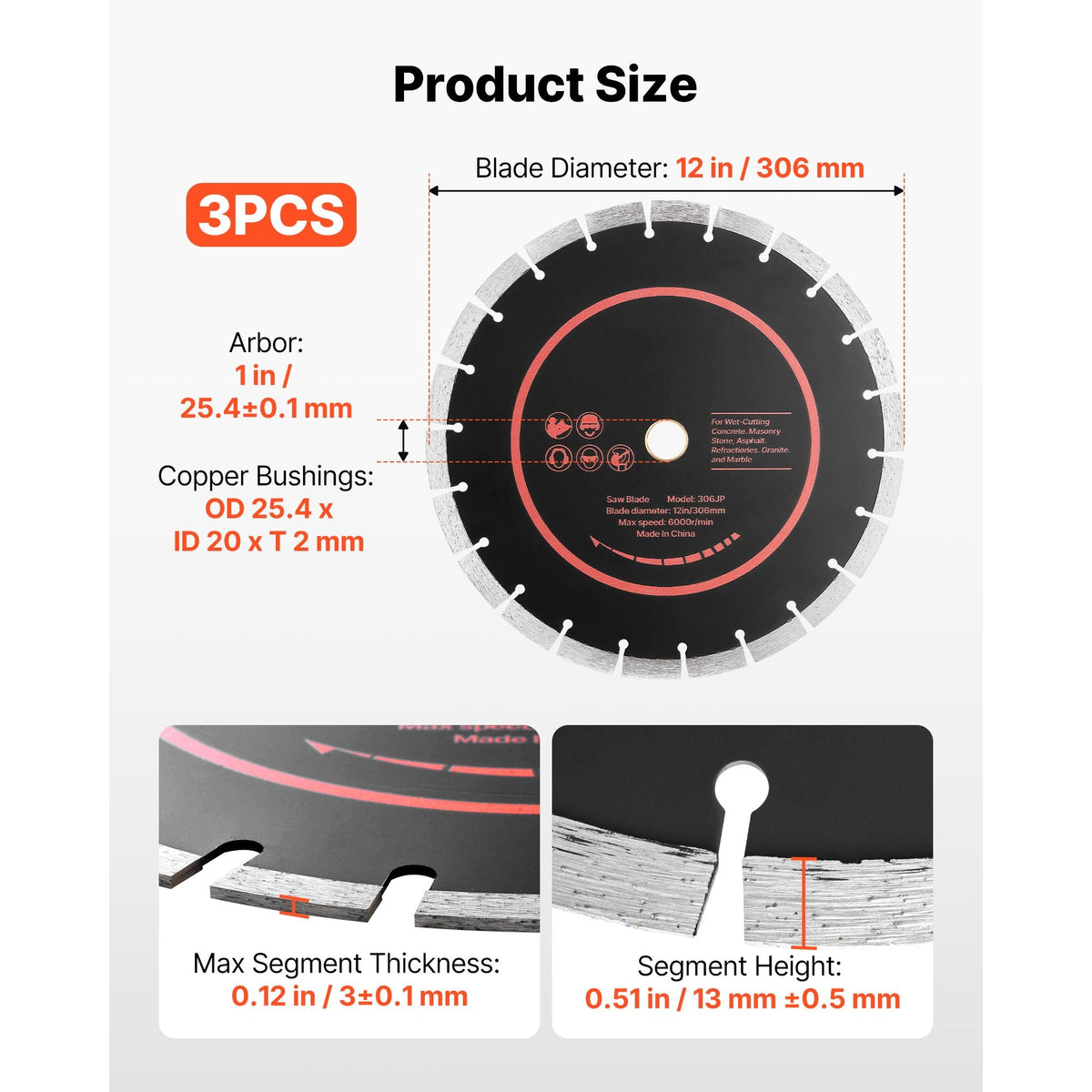Diamond Blades 12 inch, 3-Pack Concrete Saw Blade Set, 1 in Arbor, High-Hardness Diamond Segments, 65Mn Steel Core, Dry Wet Cutting, Clean Edges for Concrete, Masonry, Brick, Stone, Granite