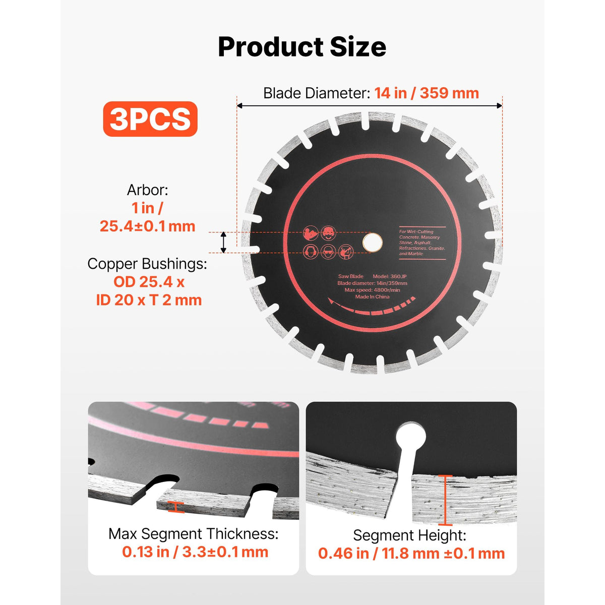 Diamond Blades 14 inch, 3-Pack Concrete Saw Blade Set, 1 in Arbor, High-Hardness Diamond Segments, 65Mn Steel Core, Dry Wet Cutting, Clean Edges for Concrete, Masonry, Brick, Stone, Granite