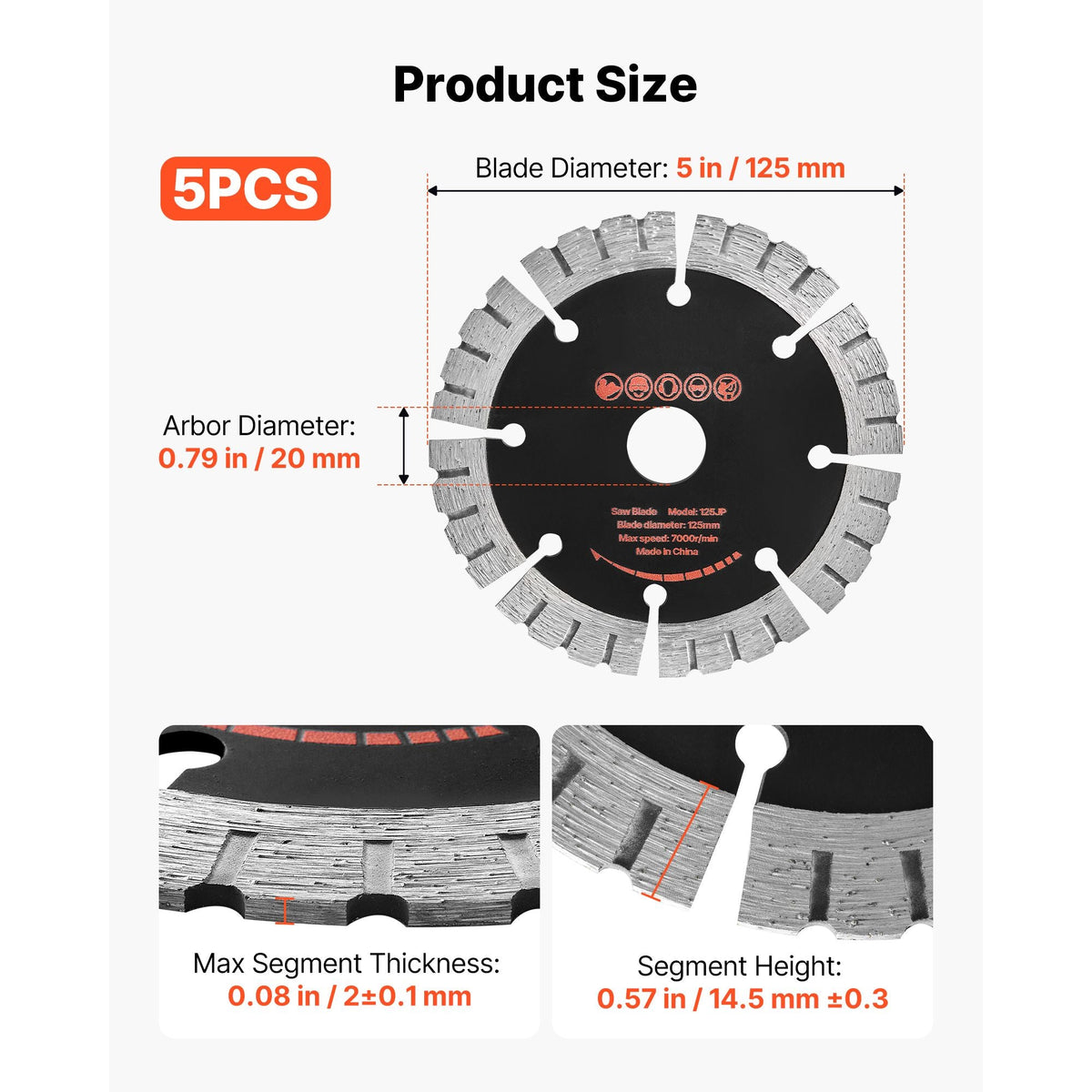 Diamond Blades 5 inch, 5-Pack Wall Chaser Saw Blade Cutting Blade, 0.79 in Arbor, High-Hardness Diamond Segments, 65Mn Steel Core, Dry Wet Cutting, Clean Edges for Concrete Brick Stone Cement