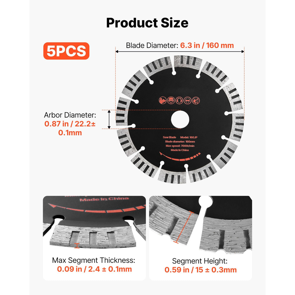 Diamond Blades 6.3 inch, 5-Pack Wall Chaser Saw Blade Cutting Blade, 0.87 in Arbor, High-Hardness Diamond Segments, 65Mn Steel Core, Dry Wet Cutting, Clean Edges for Concrete Brick Stone Cement
