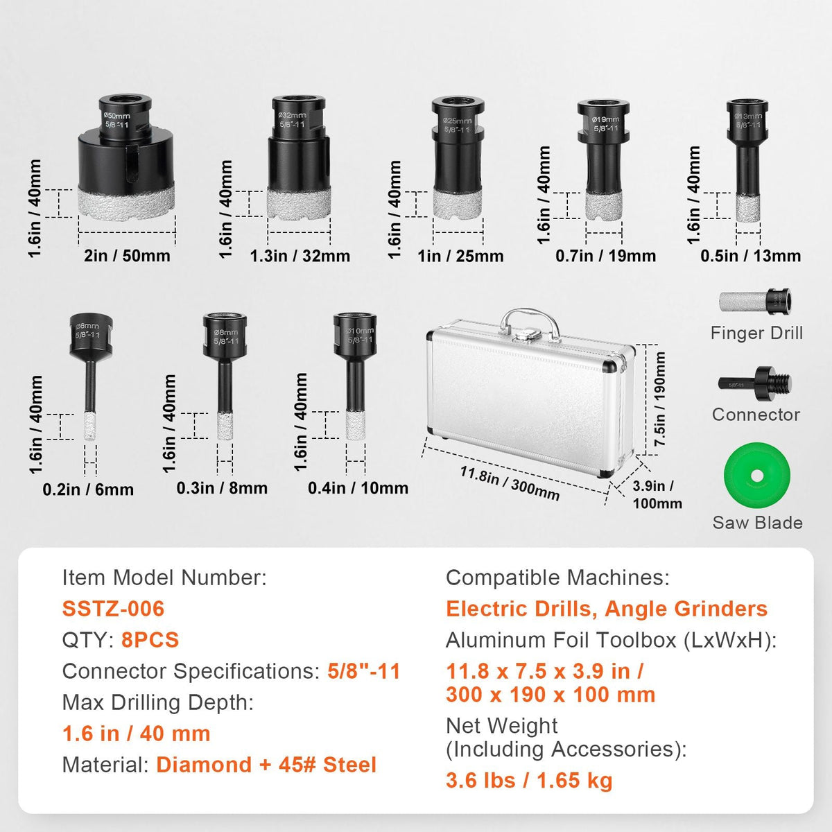 Diamond Core Drill Bit Set, 8 PCS 6/8/10/13/19/25/32/50mm Diamond Hole Saw Kit, with Finger Milling Bit Saw Blade and Storage Case, for Dry and Wet, Diamond Drill Bits for Ceramic Tile