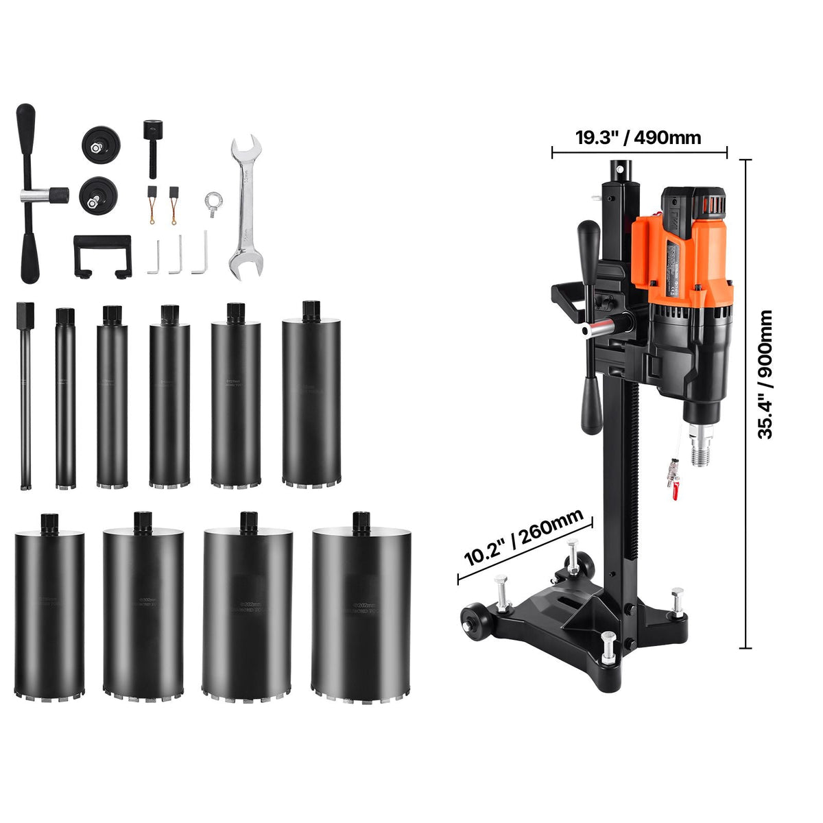 Diamond Core Drilling Machine, 0.8-10 in Drilling Diameter, Stand-Mount Dry and Wet Concrete Core Drill Rig with 10 Bits, 470/800 RPM 2-Speed, UNC1 1/4-7 Thread, for Concrete Brick Stone, 2500W