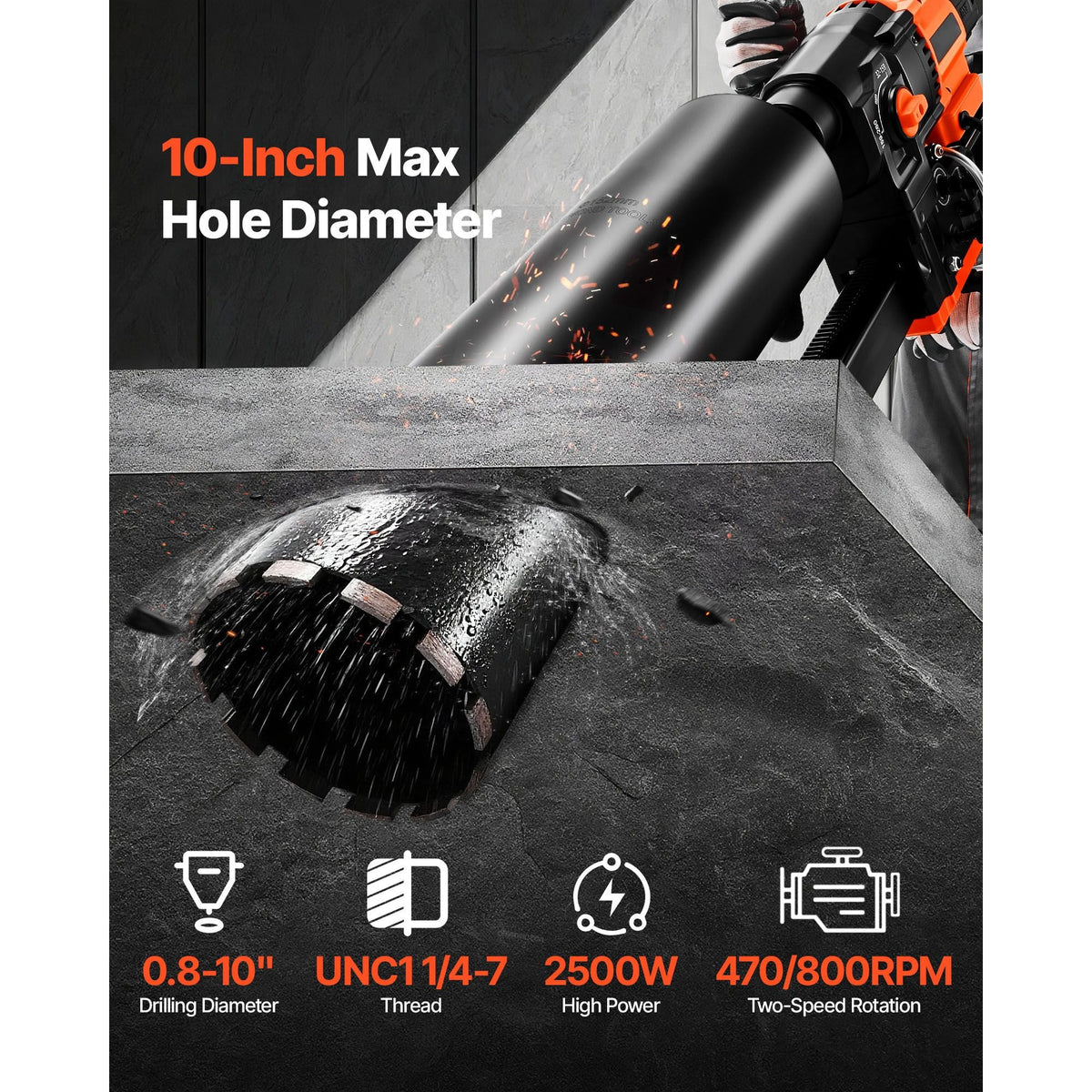 Diamond Core Drilling Machine, 0.8-10 in Drilling Diameter, Stand-Mount Dry and Wet Concrete Core Drill Rig with 10 Bits, 470/800 RPM 2-Speed, UNC1 1/4-7 Thread, for Concrete Brick Stone, 2500W