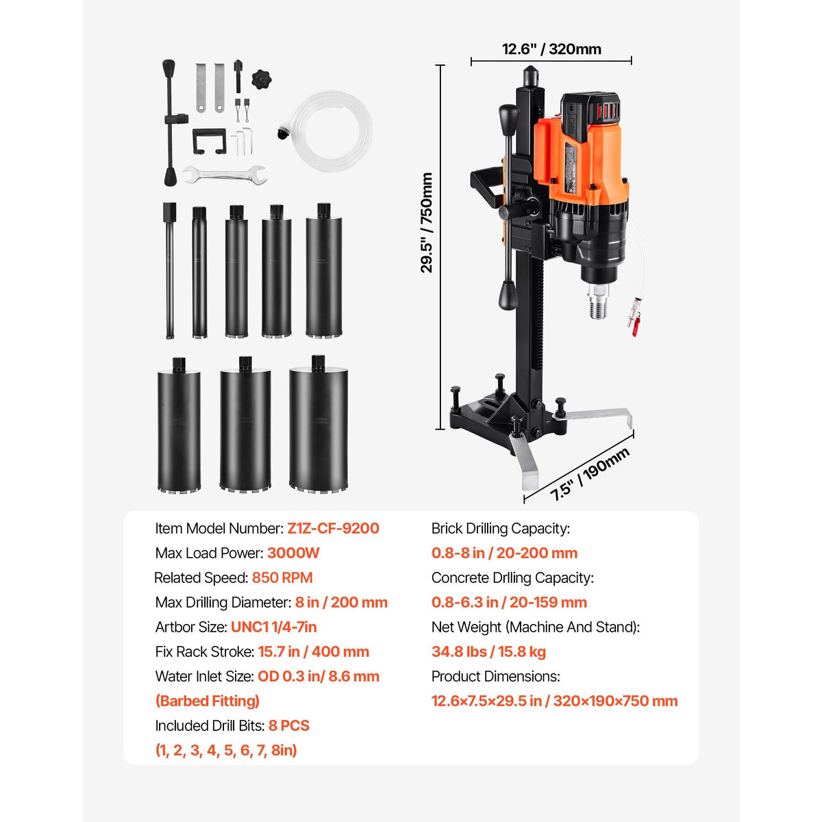 Diamond Core Drilling Machine, 0.8-8 in Drilling Diameter, Stand-Mount Dry and Wet Concrete Core Drill Rig with 8 Drill Bits, 800 RPM Speed, UNC1 1/4-7 Thread, for Concrete Brick Stone, 3000W
