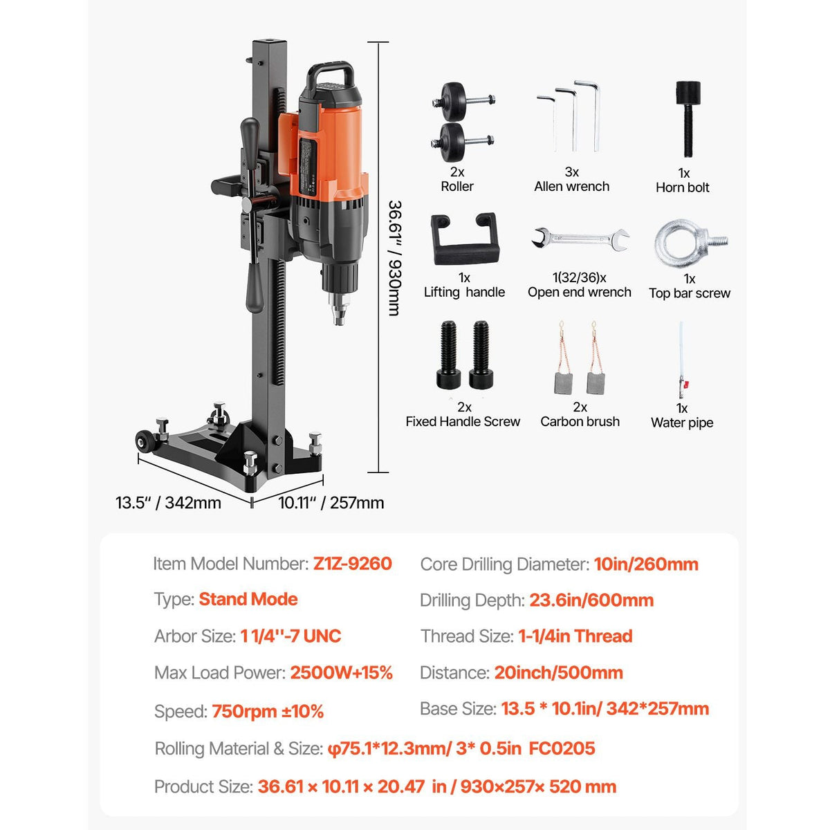 Diamond Core Drilling Machine, 10in Wet Concrete Core Drill Rig with Stand Wheels, 750RPM Speed & 1-1/4" Thread & Lifting Handle, 10in Drilling Diameter for Concrete Brick Block Stone, 2500W