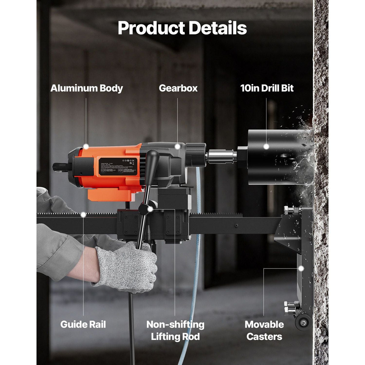 Diamond Core Drilling Machine, 10in Wet Concrete Core Drill Rig with Stand Wheels, 750RPM Speed & 1-1/4" Thread & Lifting Handle, 10in Drilling Diameter for Concrete Brick Block Stone, 2500W