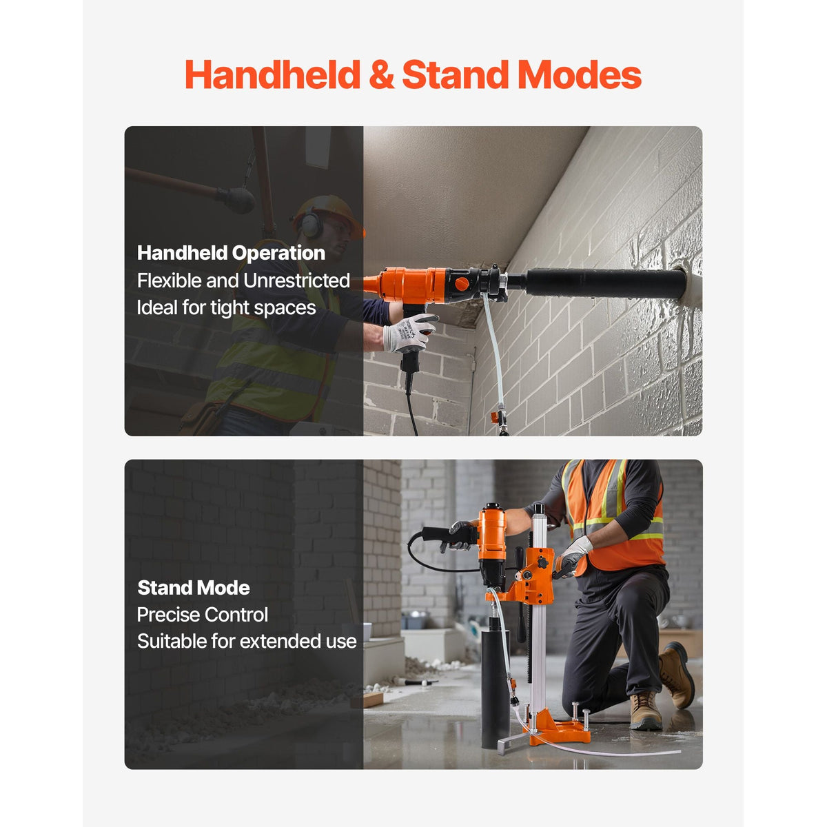 Diamond Core Drilling Machine, 8 in Drilling Diameter, 2-in-1 Handheld & Stand-Mount Dry and Wet Concrete Core Drill Rig with 4 Drill Bits, 1075/2300 RPM 2-Speed, for Concrete Brick Stone, 1800W