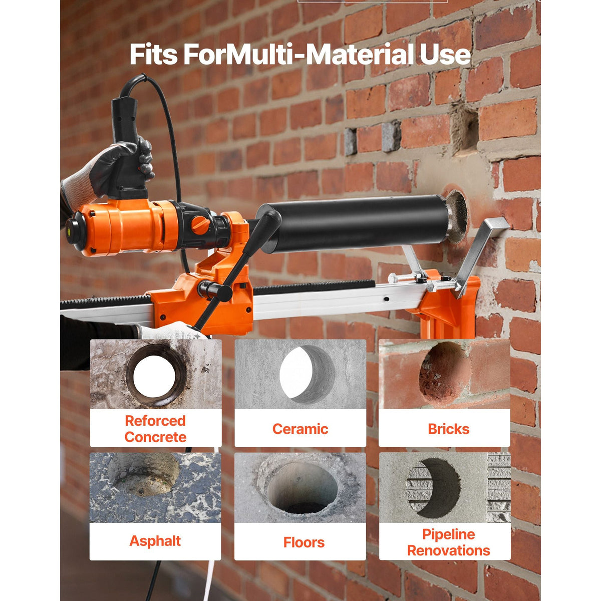 Diamond Core Drilling Machine, 8 in Drilling Diameter, 2-in-1 Handheld & Stand-Mount Dry and Wet Concrete Core Drill Rig with 4 Drill Bits, 1075/2300 RPM 2-Speed, for Concrete Brick Stone, 1800W