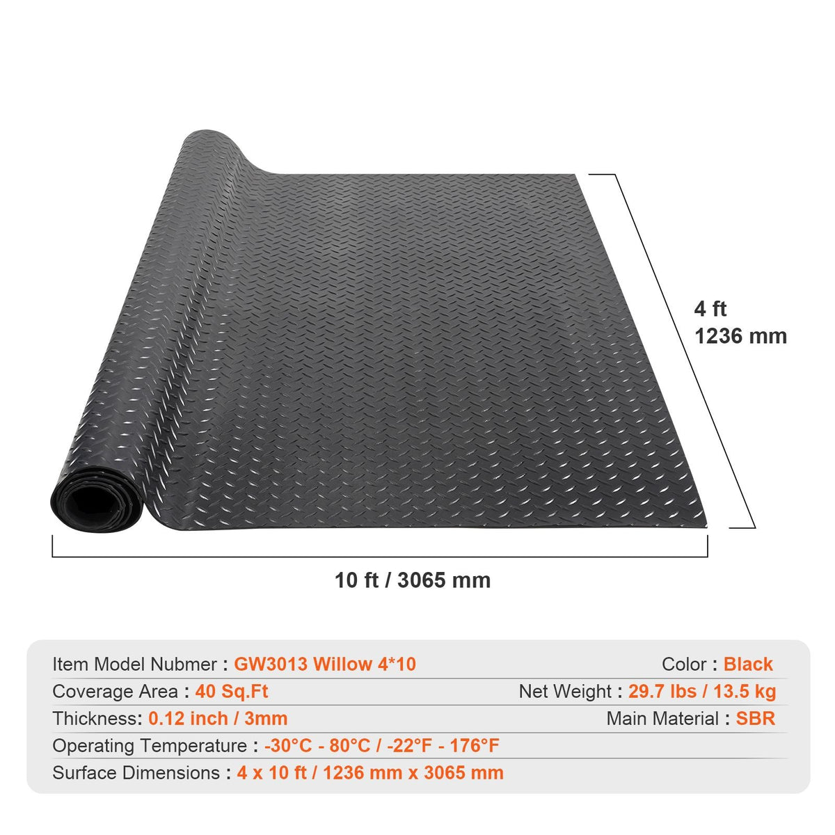 Diamond-Plate Rubber Flooring Roll, 3 mm x 4 ft x 10 ft Garage Floor Mat, SBR Rubber Garage Flooring Roll, Easy to Clean, Diamond Plate Rubber Mat for Under Cars, Garage Industry Gym, Black