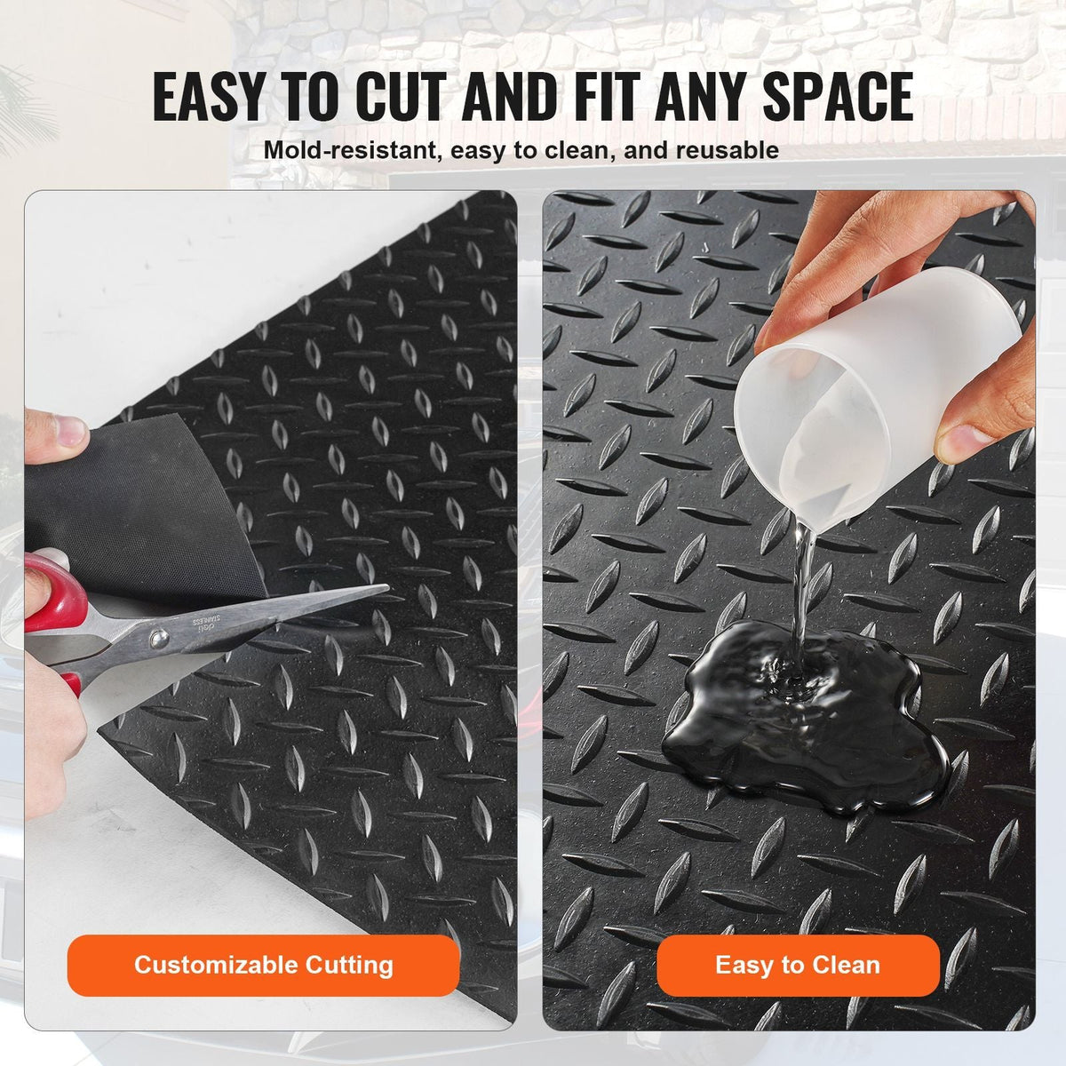 Diamond-Plate Rubber Flooring Roll, 3 mm x 4 ft x 6 ft Garage Floor Mat, SBR Rubber Garage Flooring Roll, Easy to Clean, Diamond Plate Rubber Mat for Under Cars, Garage Industry Gym, Black