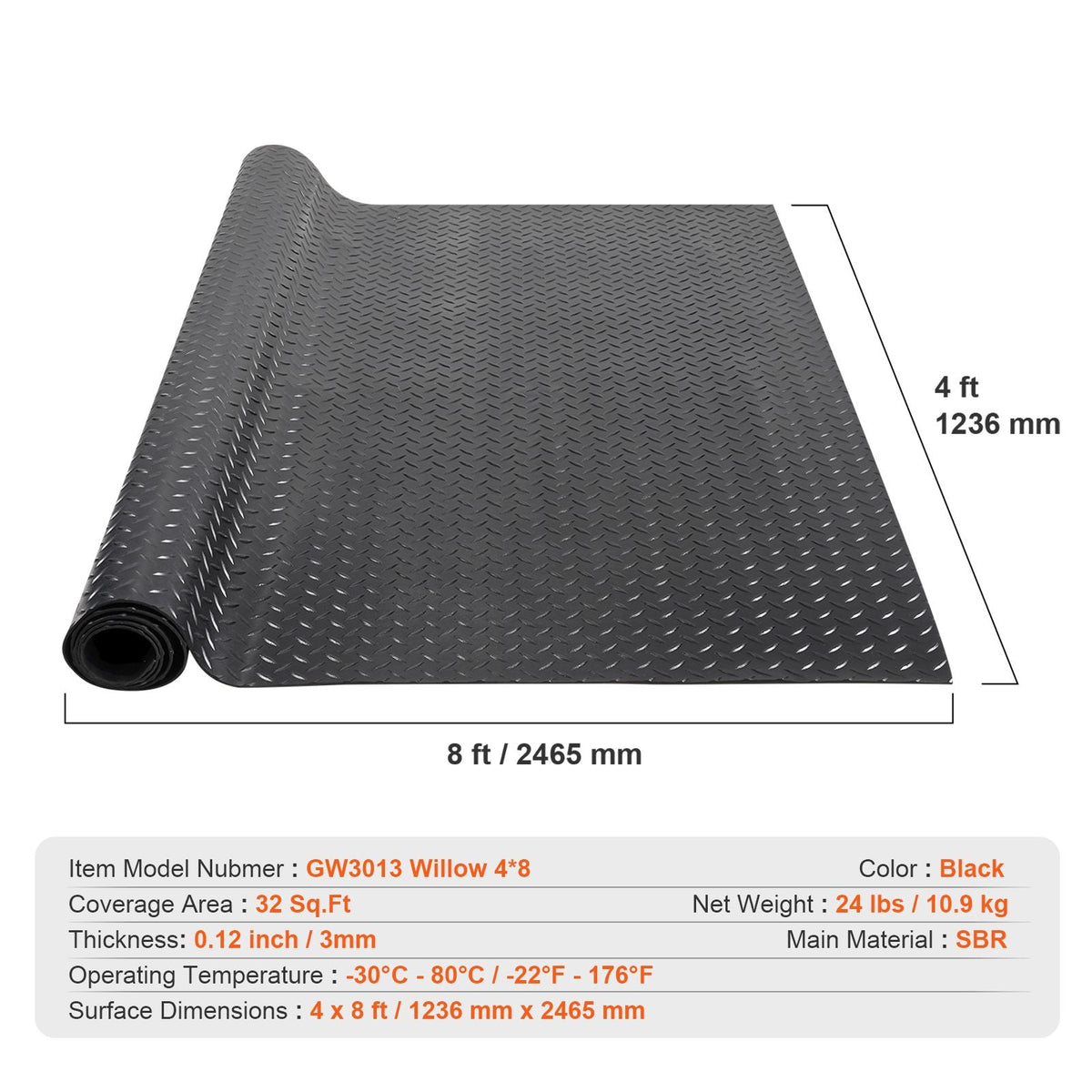 Diamond-Plate Rubber Flooring Roll, 3 mm x 4 ft x 8 ft Garage Floor Mat, SBR Rubber Garage Flooring Roll, Easy to Clean, Diamond Plate Rubber Mat for Under Cars, Garage Industry Gym, Black