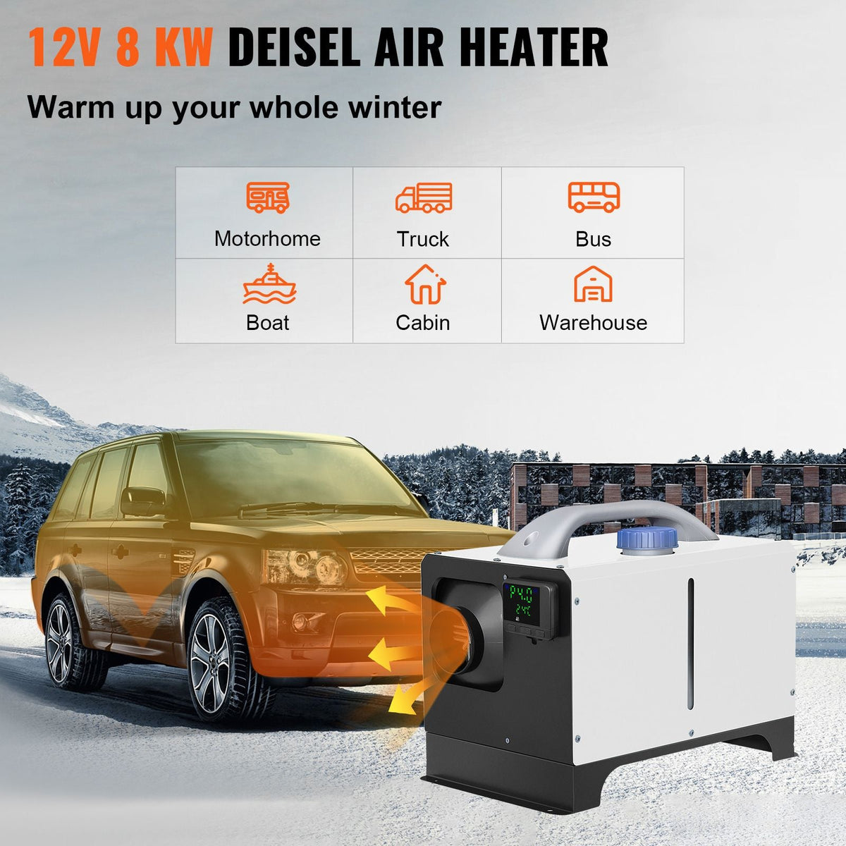Diesel Air Heater 8KW Parking Heater 12V Truck Heater, One Air Outlet, with Black LCD Switch, Remote Control, Fast Heating Compact Diesel Heater, For Car, RV Truck, Boat, Campervans, Caravans