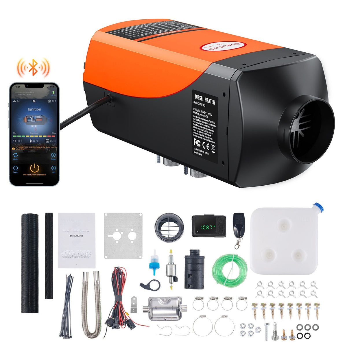 Diesel Heater 5KW, Diesel Air Heater with Bluetooth App Control, Automatic Altitude Adjustment, Remote Control and LCD, Diesel Parking Heater for RV Trailer Camper Van Boat