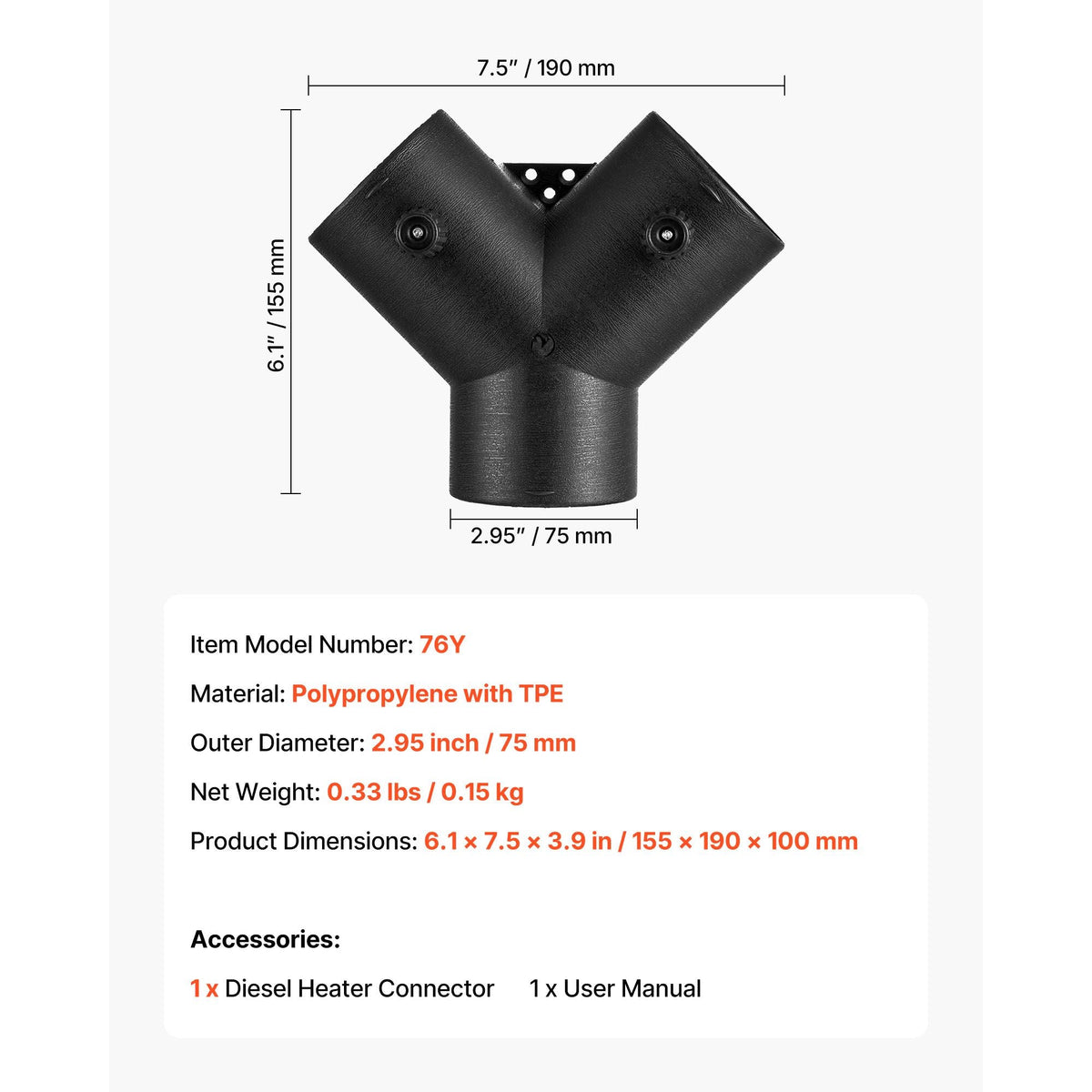 Diesel Heater Connector, 3 inch Diesel Heater Duct Connector Accessories, 3-Way Y Branch Diesels Heaters Air Vent Duct with 2 90° Rotatable Valves, Black Joint Connectors for 2KW 5KW 8KW Heaters