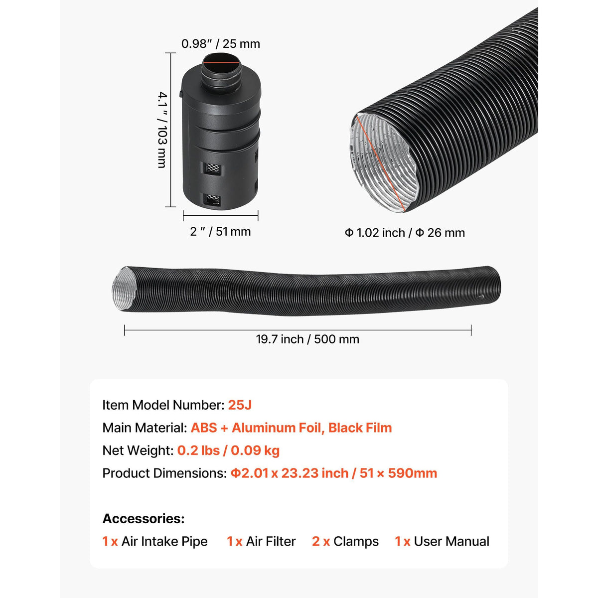 Diesel Heater Intake Pipe Kit, 0.98 inch Car Air Parking Heater Ducting Pipe Hose Tube, Stretchable & Bendable Car Air Intake Filter Silencer Hose Pipes Kit for 2KW 5KW 8KW Diesel Heaters