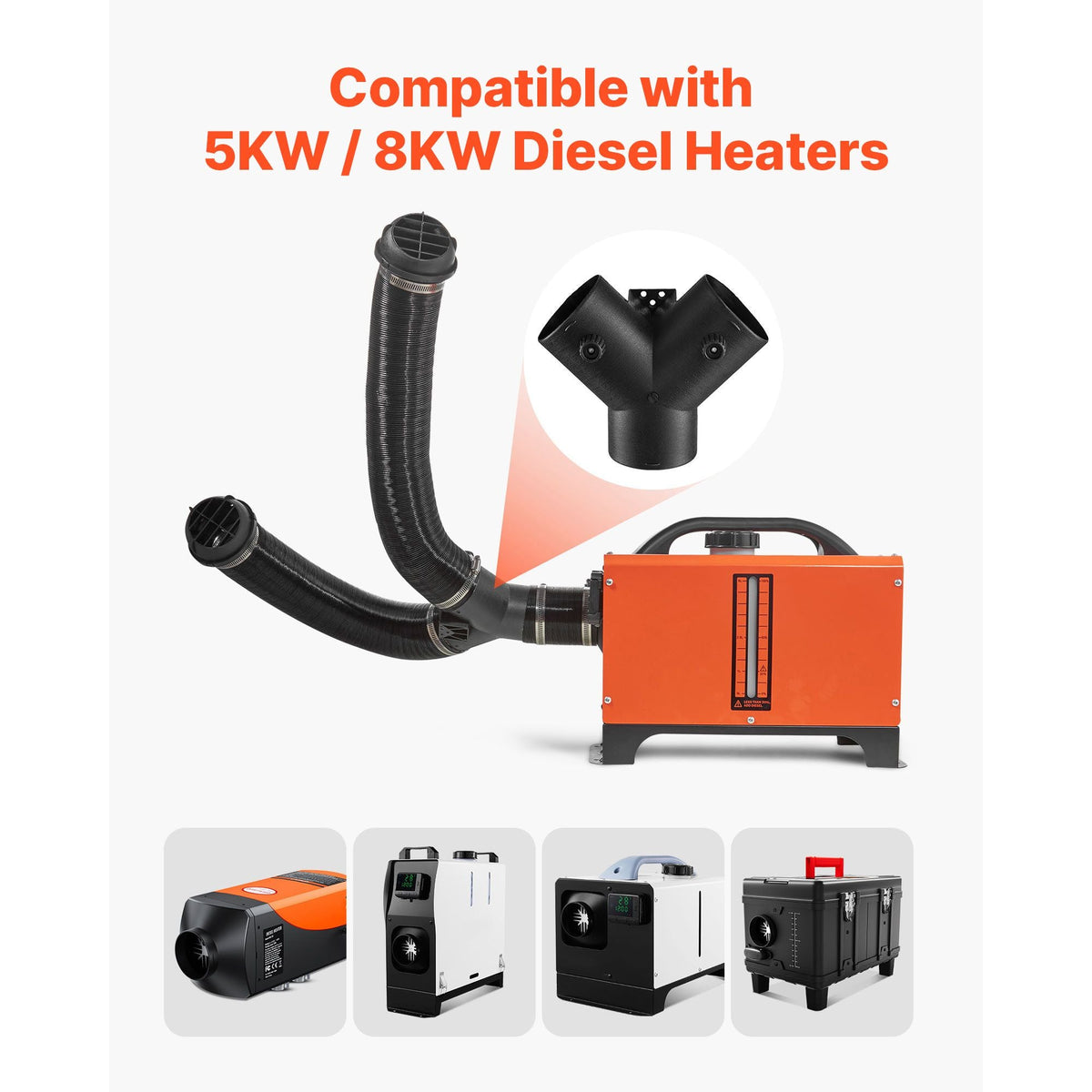 Diesel Heater Pipe Duct Vent Kit, 3-inch Heater Pipe Warm Air Outlet Vent Set with Y-Shaped Connector & Air Duct Clamps, Parking Heaters Air Ducts Vent Kit for 5KW 8KW Diesel Heaters, Black
