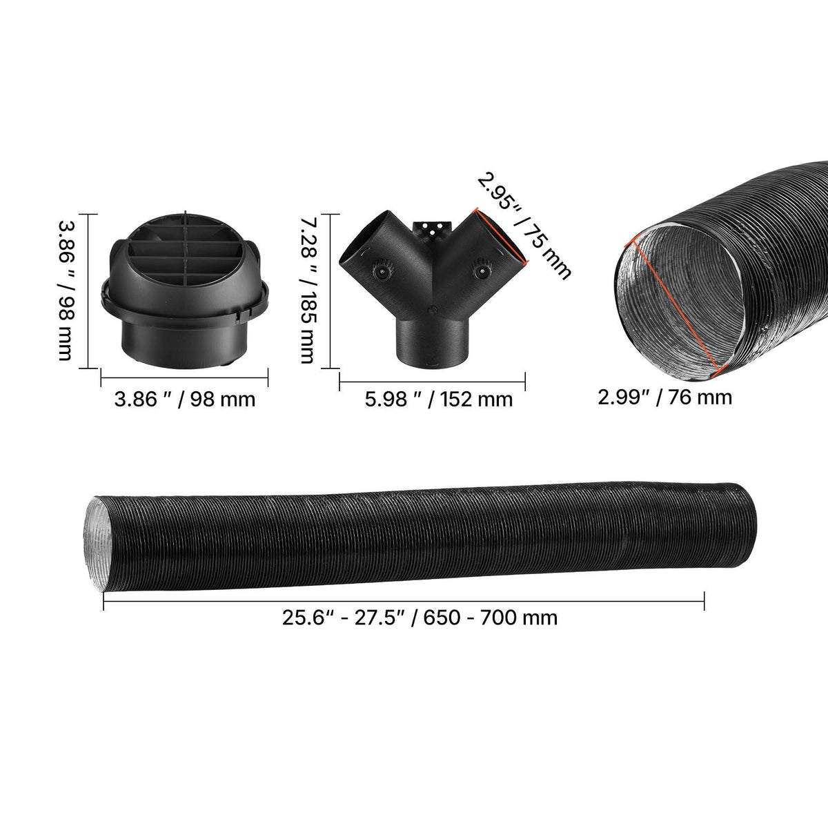 Diesel Heater Pipe Duct Vent Kit, 3-inch Heater Pipe Warm Air Outlet Vent Set with Y-Shaped Connector & Air Duct Clamps, Parking Heaters Air Ducts Vent Kit for 5KW 8KW Diesel Heaters, Black
