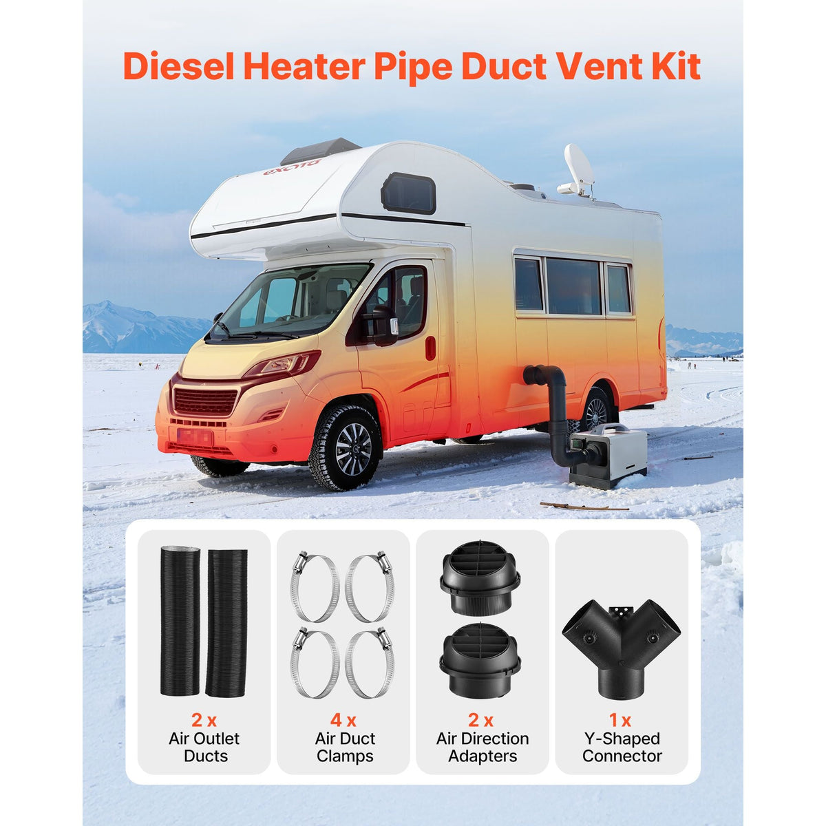 Diesel Heater Pipe Duct Vent Kit, 3-inch Heater Pipe Warm Air Outlet Vent Set with Y-Shaped Connector & Air Duct Clamps, Parking Heaters Air Ducts Vent Kit for 5KW 8KW Diesel Heaters, Black