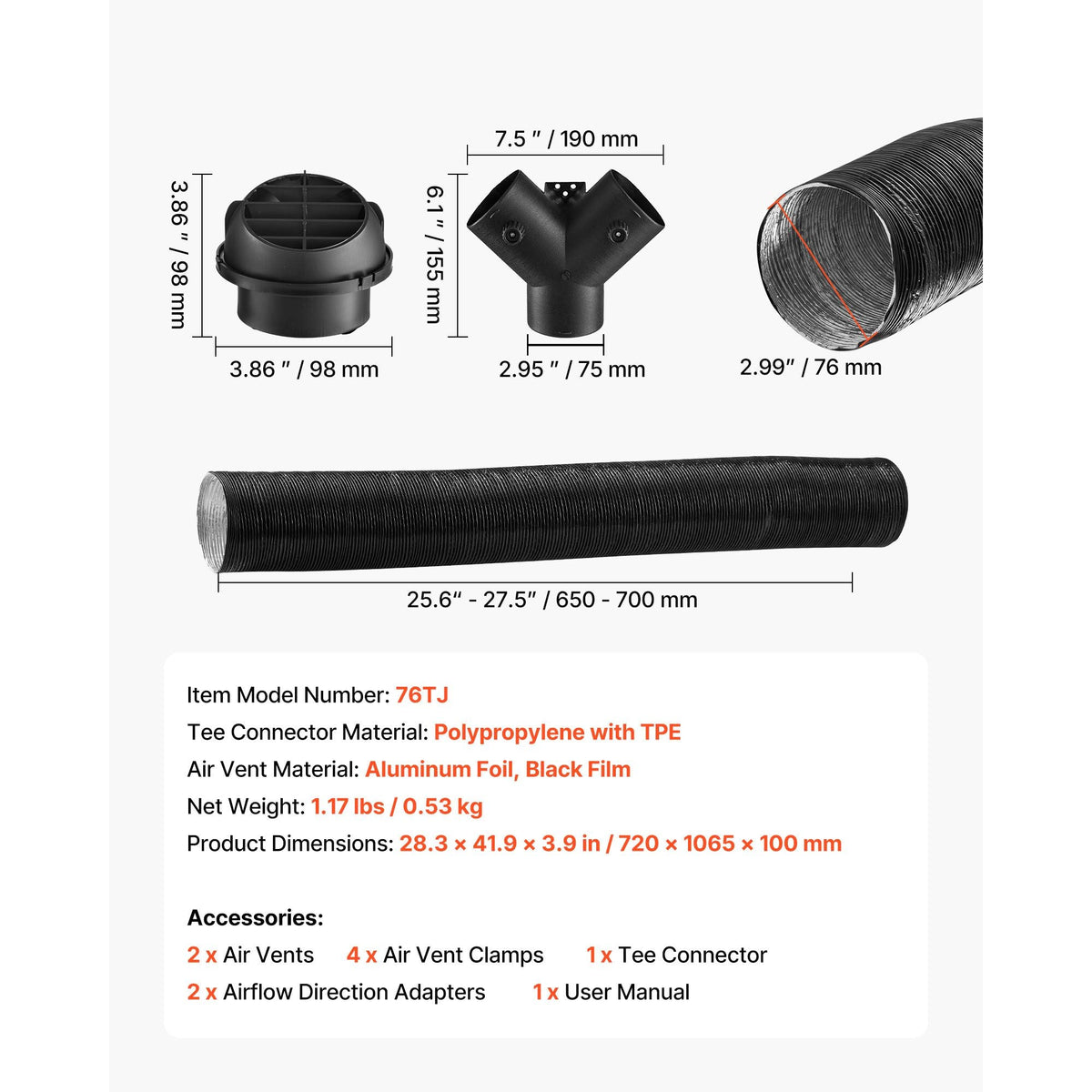 Diesel Heater Pipe Duct Vent Kit, 3-inch Heater Pipe Warm Air Outlet Vent Set with Y-Shaped Connector & Air Duct Clamps, Parking Heaters Air Ducts Vent Kit for 5KW 8KW Diesel Heaters, Black