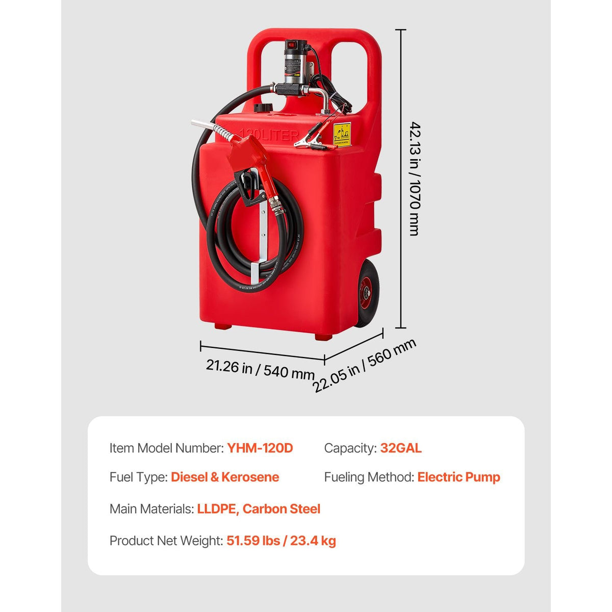 Diesel Transfer Tank, 32 Gallon, Portable Kerosene Tank with 12V DC 10GPM Electric Transfer Pump, 13 ft Delivery Hose & Self-sealing Nozzle, Compatible with Diesel & Kerosene