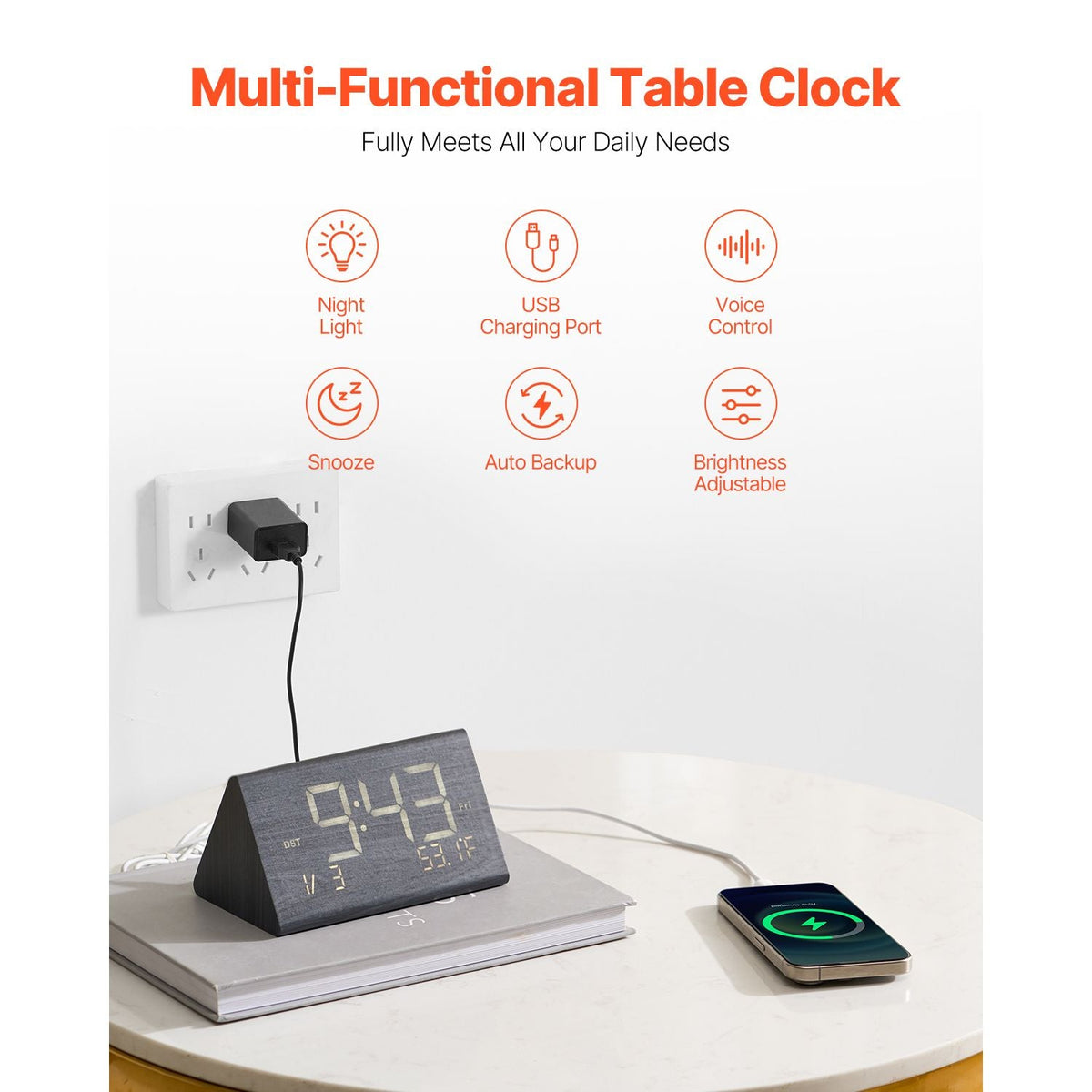 Digital Alarm Clock, Wooden Desk Clock with Dual Alarm, USB Port, Snooze, Night Light, Voice Control, Adjustable Volume, Bedside Desktop Clock with Charger for Bedroom, Kitchen, Office, Black