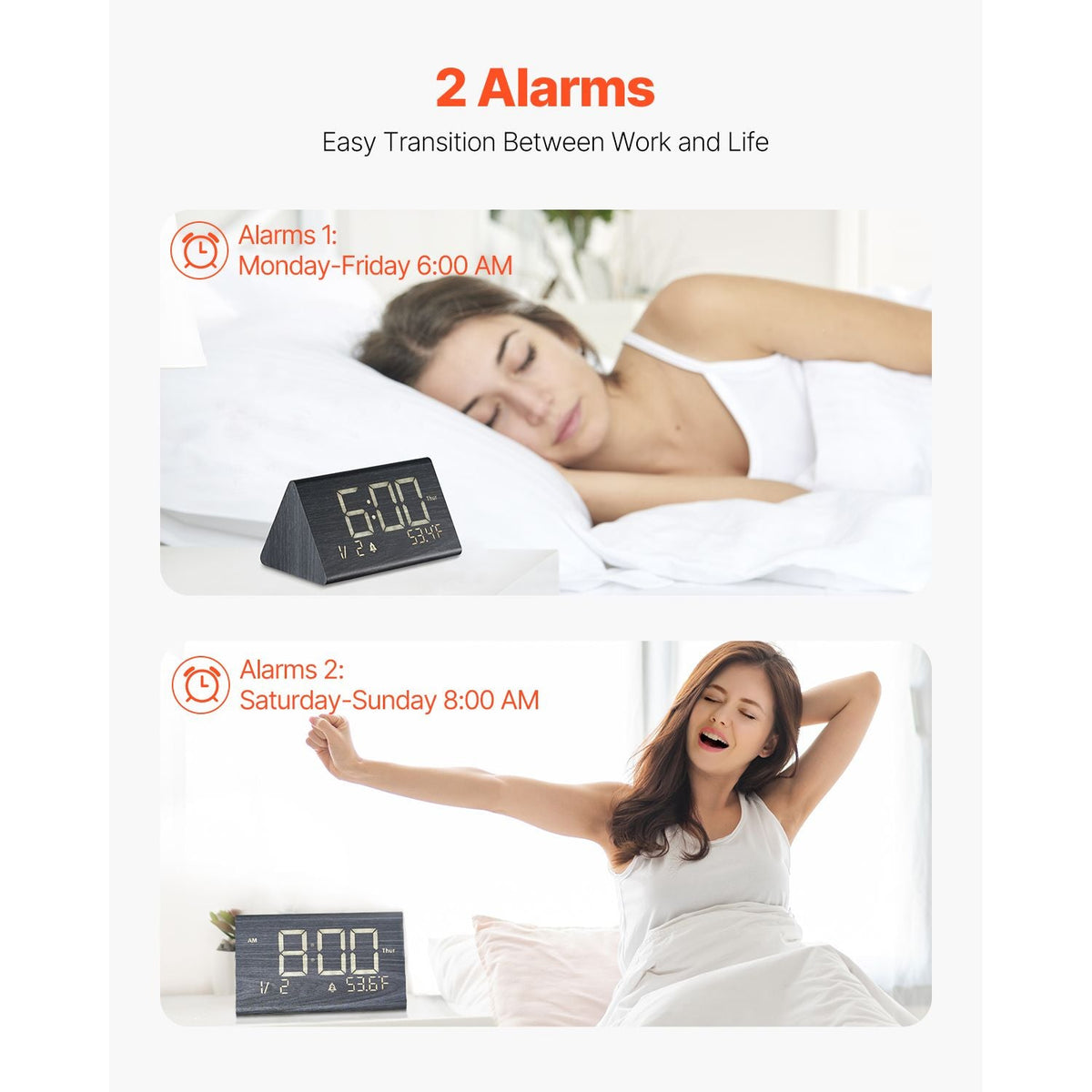 Digital Alarm Clock, Wooden Desk Clock with Dual Alarm, USB Port, Snooze, Night Light, Voice Control, Adjustable Volume, Bedside Desktop Clock with Charger for Bedroom, Kitchen, Office, Black