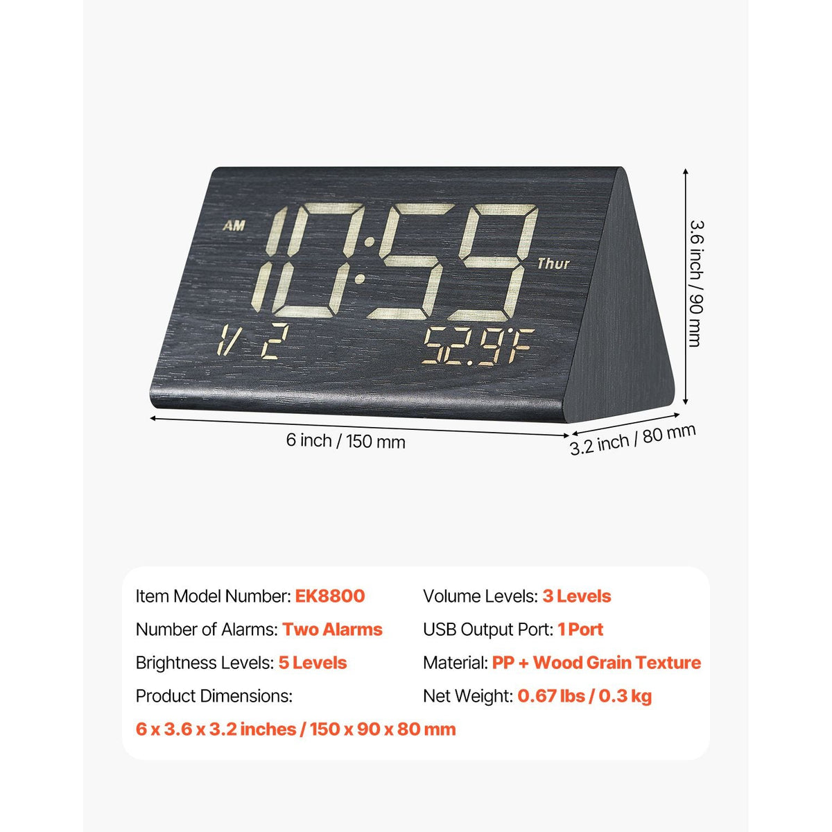 Digital Alarm Clock, Wooden Desk Clock with Dual Alarm, USB Port, Snooze, Night Light, Voice Control, Adjustable Volume, Bedside Desktop Clock with Charger for Bedroom, Kitchen, Office, Black
