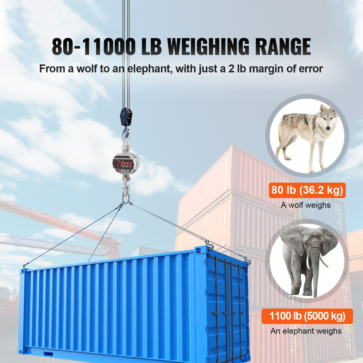 Digital Crane Scale, 11000 lbs/5000 kg, Industrial Heavy Duty Hanging Scale with Remote Control, Cast Aluminum Case & LED Screen, High Precision for Construction, Factory, Farm, Hunting (Silver)