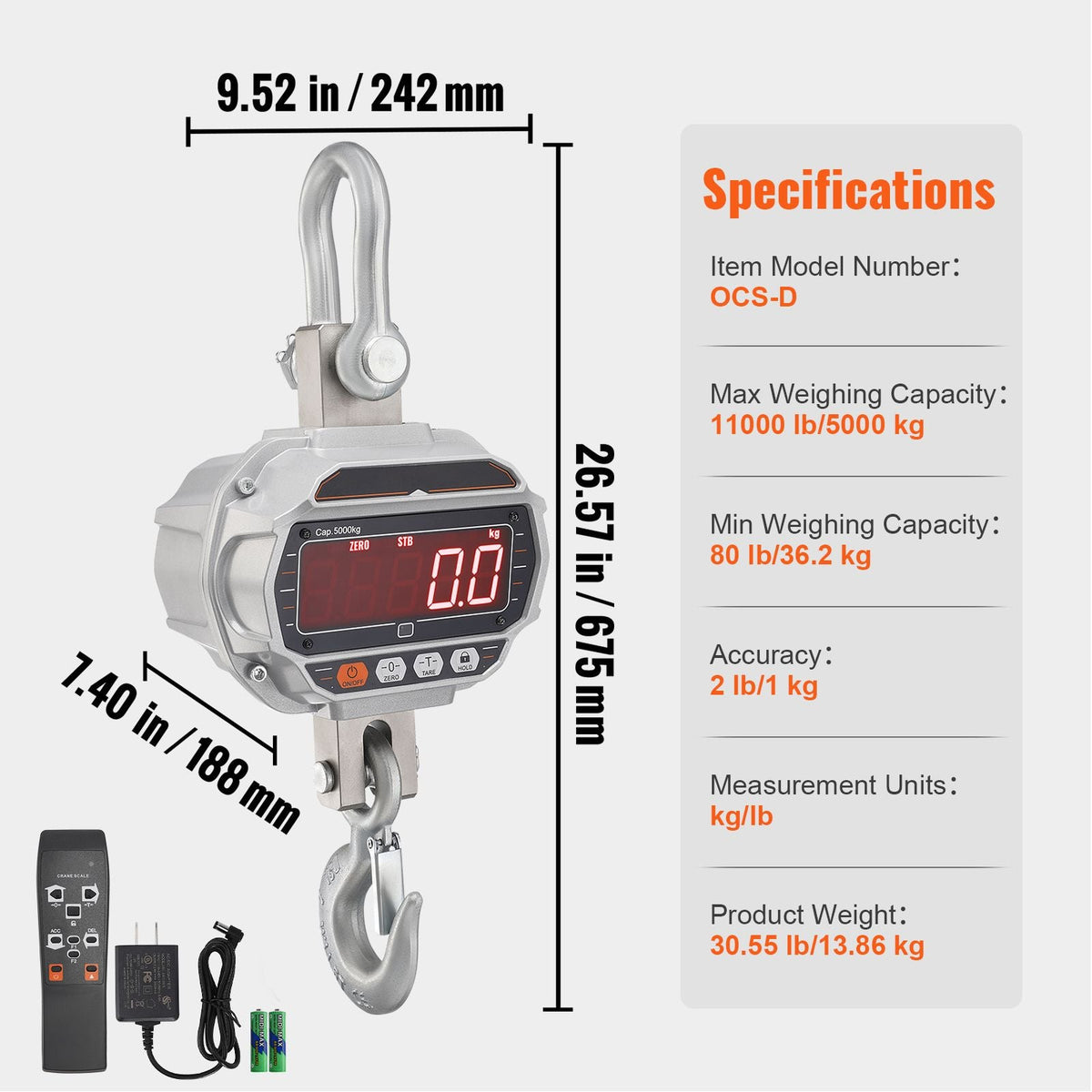 Digital Crane Scale, 11000 lbs/5000 kg, Industrial Heavy Duty Hanging Scale with Remote Control, Cast Aluminum Case & LED Screen, High Precision for Construction, Factory, Farm, Hunting (Silver)