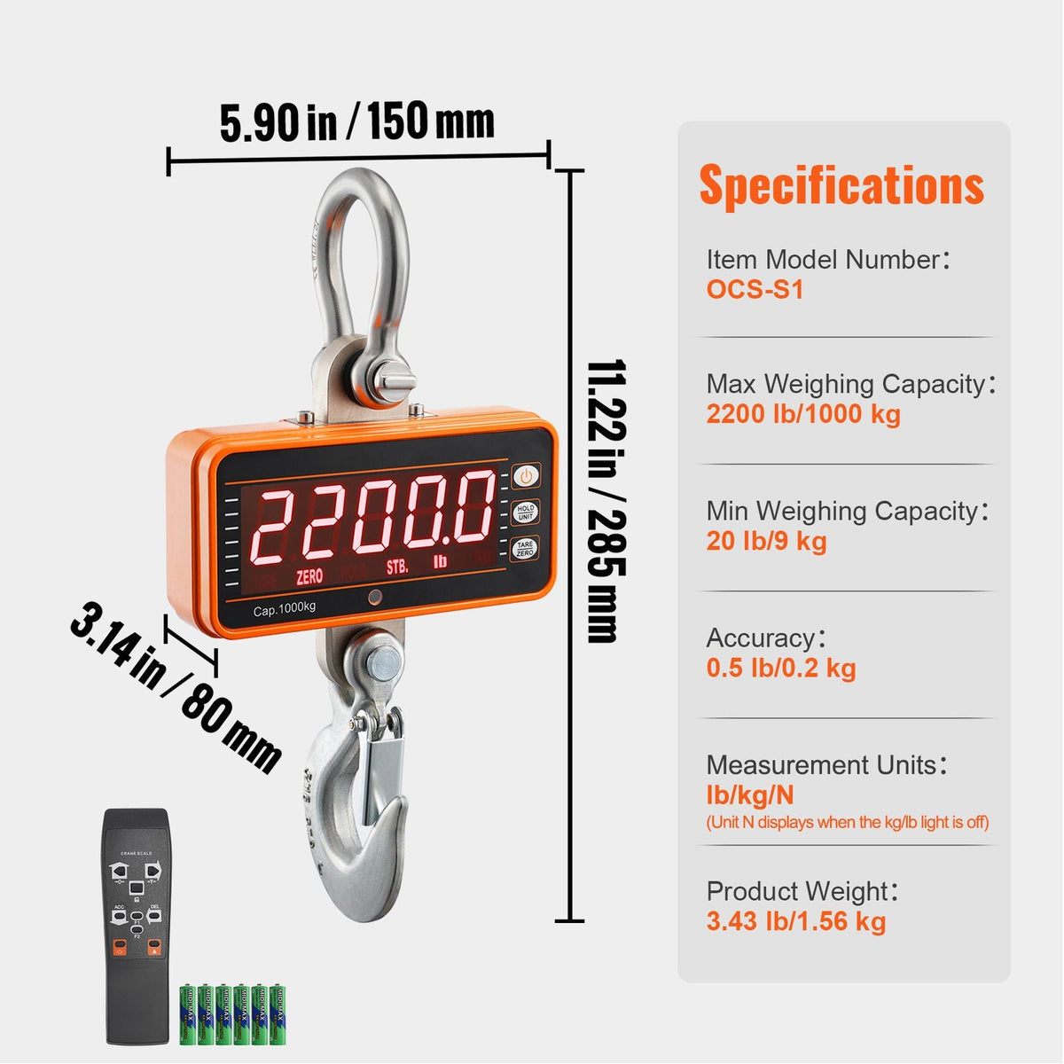 Digital Crane Scale, 2200 lbs/1000 kg, Industrial Heavy Duty Hanging Scale with Remote Control, Cast Aluminum Case & LED Screen, High Precision for Construction, Factory, Farm, Hunting (Orange)
