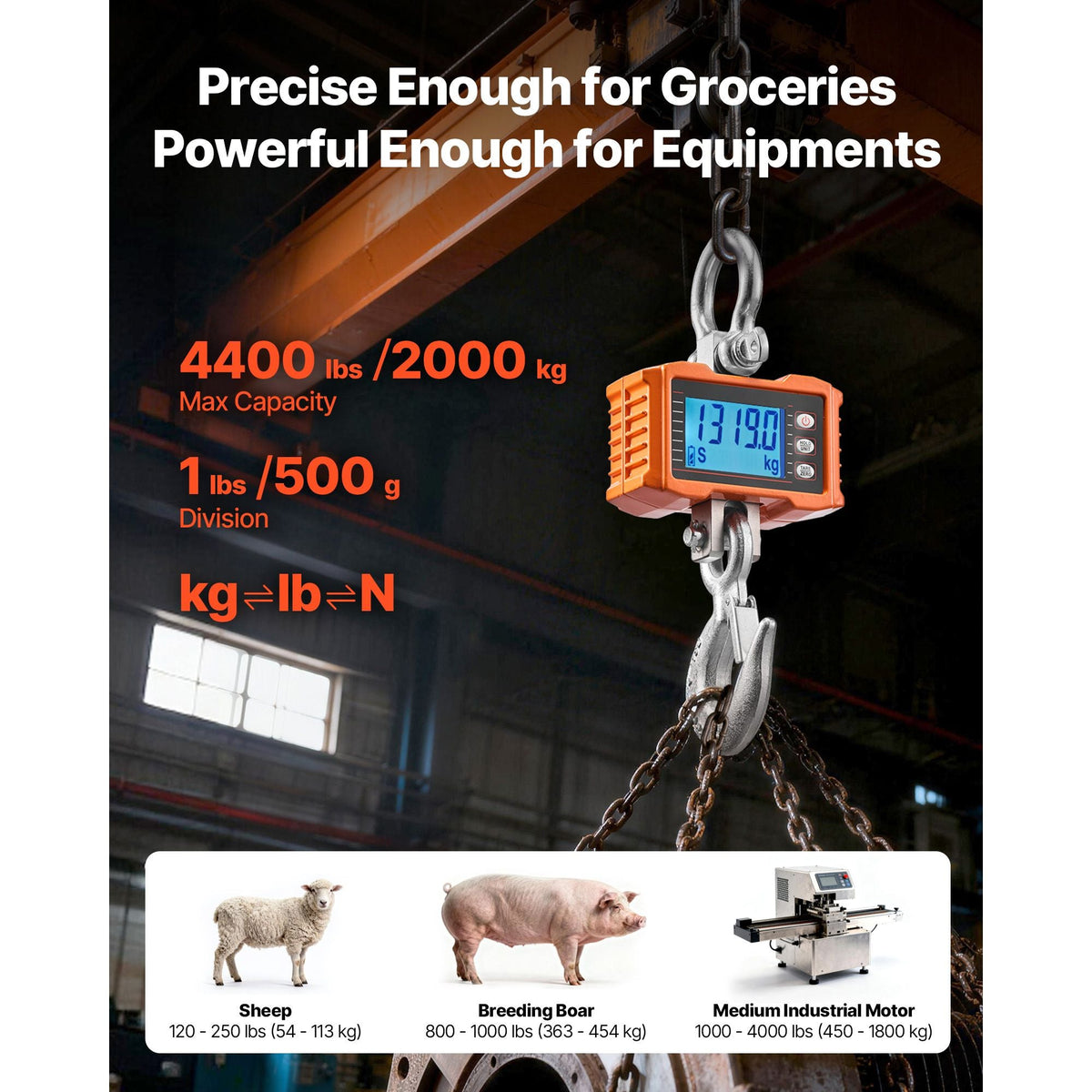 Digital Crane Scale, 4400 lbs/2000 kg Max Capacity, Heavy Duty Industrial Hanging Scale with Cast Aluminum Case & LCD Display, 1 lbs Division & 3 Unit Switch, Remote Control for Garage Factory