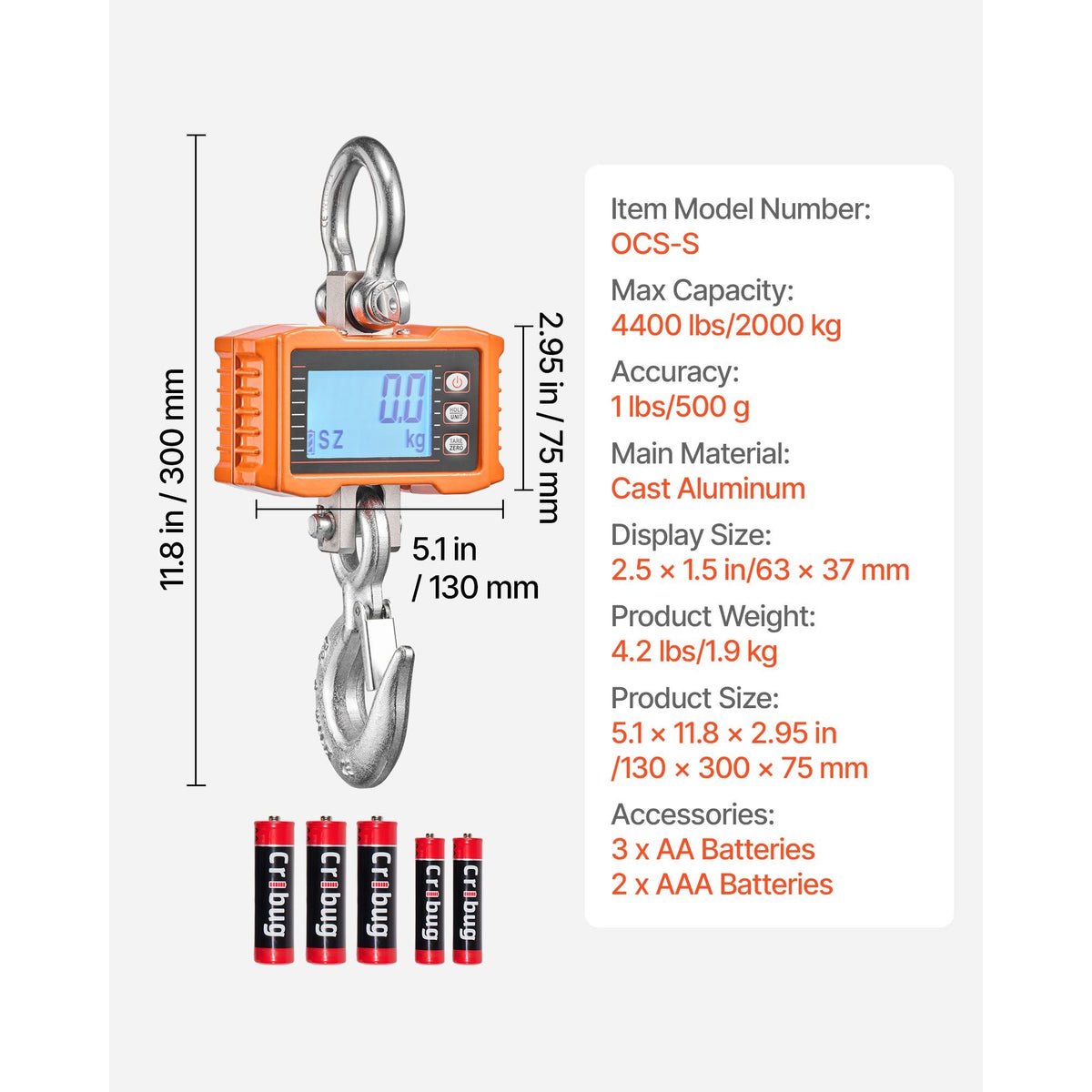 Digital Crane Scale, 4400 lbs/2000 kg Max Capacity, Heavy Duty Industrial Hanging Scale with Cast Aluminum Case & LCD Display, 1 lbs Division & 3 Unit Switch, Remote Control for Garage Factory