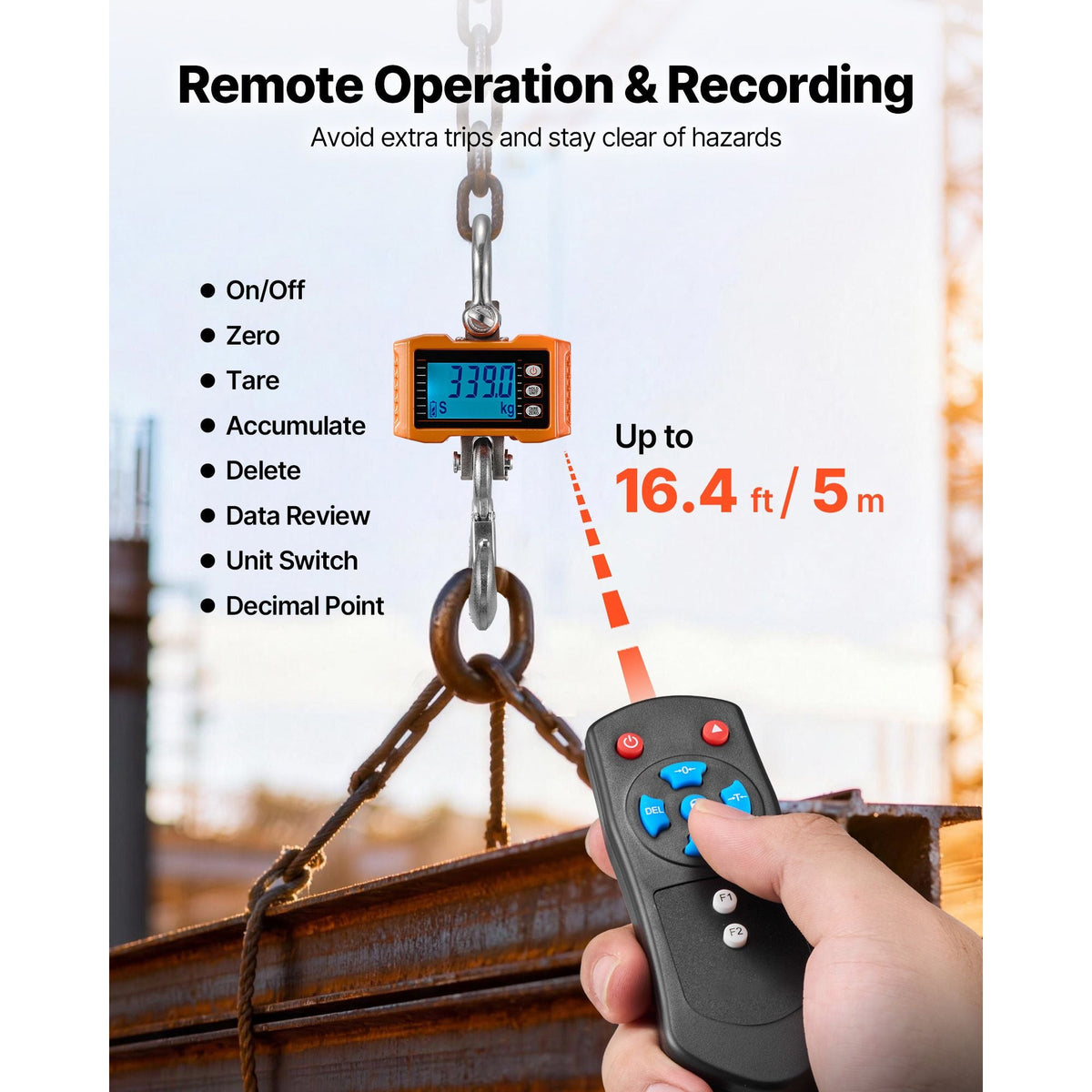 Digital Crane Scale, 4400 lbs/2000 kg Max Capacity, Heavy Duty Industrial Hanging Scale with Cast Aluminum Case & LCD Display, 1 lbs Division & 3 Unit Switch, Remote Control for Garage Factory