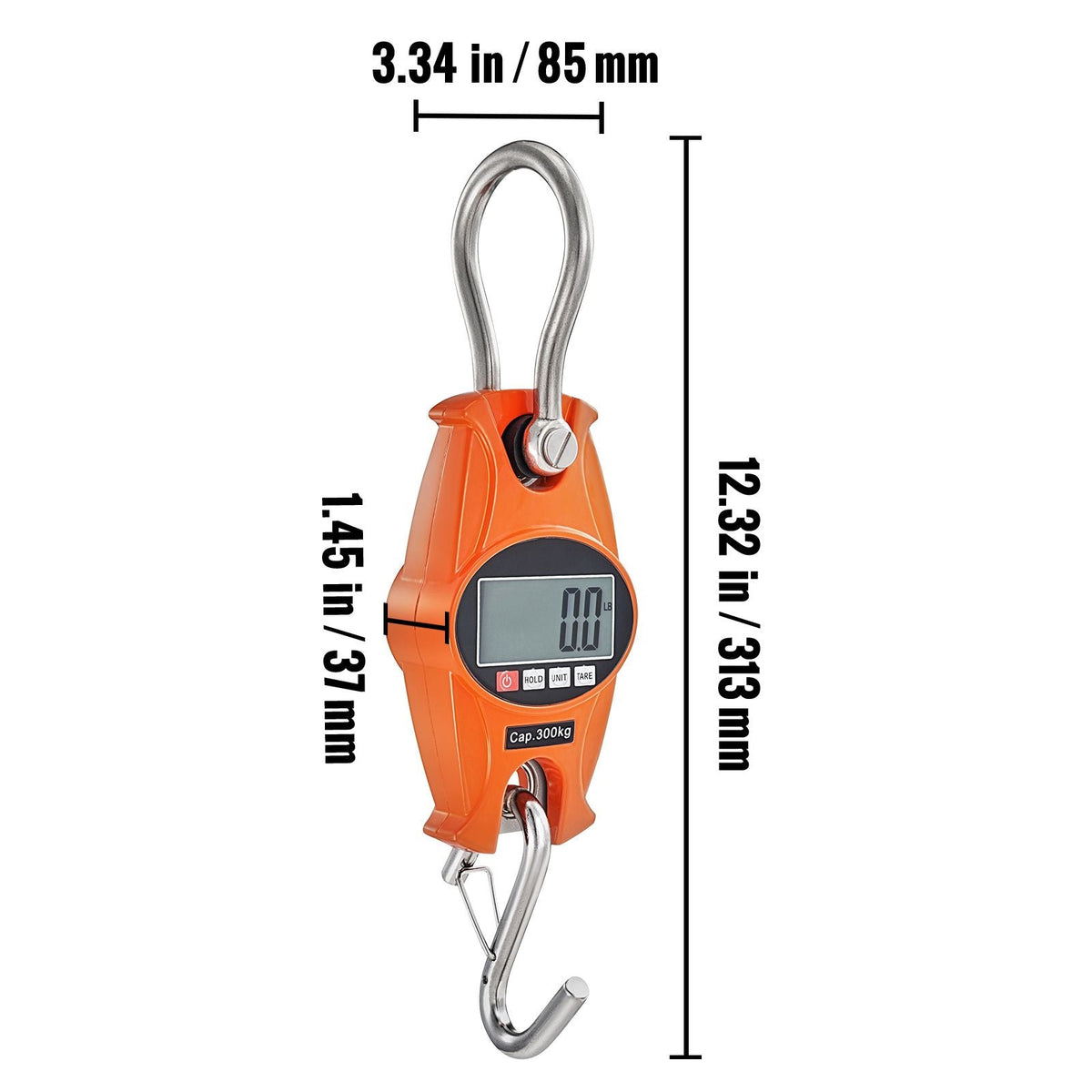 Digital Crane Scale, 660 lbs/300 kg, Industrial Heavy Duty Hanging Scale with Cast Aluminum Case & LCD Screen, Handheld Mini Crane with Hooks for Farm, Hunting, Fishing, Outdoor, Garage (Orange)