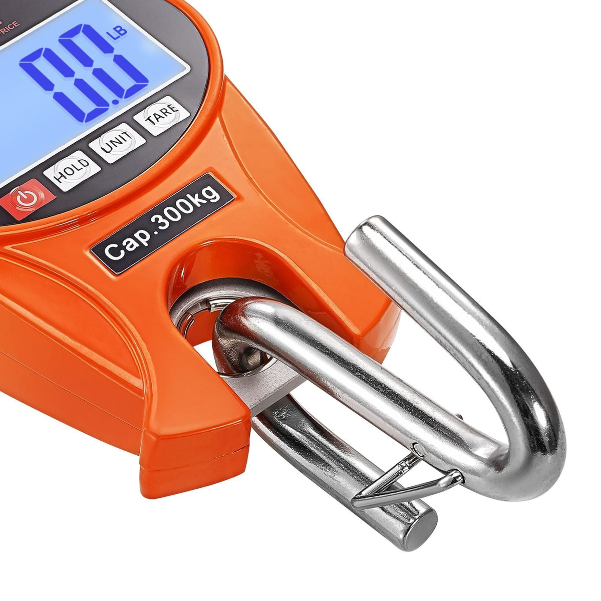 Digital Crane Scale, 660 lbs/300 kg, Industrial Heavy Duty Hanging Scale with Cast Aluminum Case & LCD Screen, Handheld Mini Crane with Hooks for Farm, Hunting, Fishing, Outdoor, Garage (Orange)