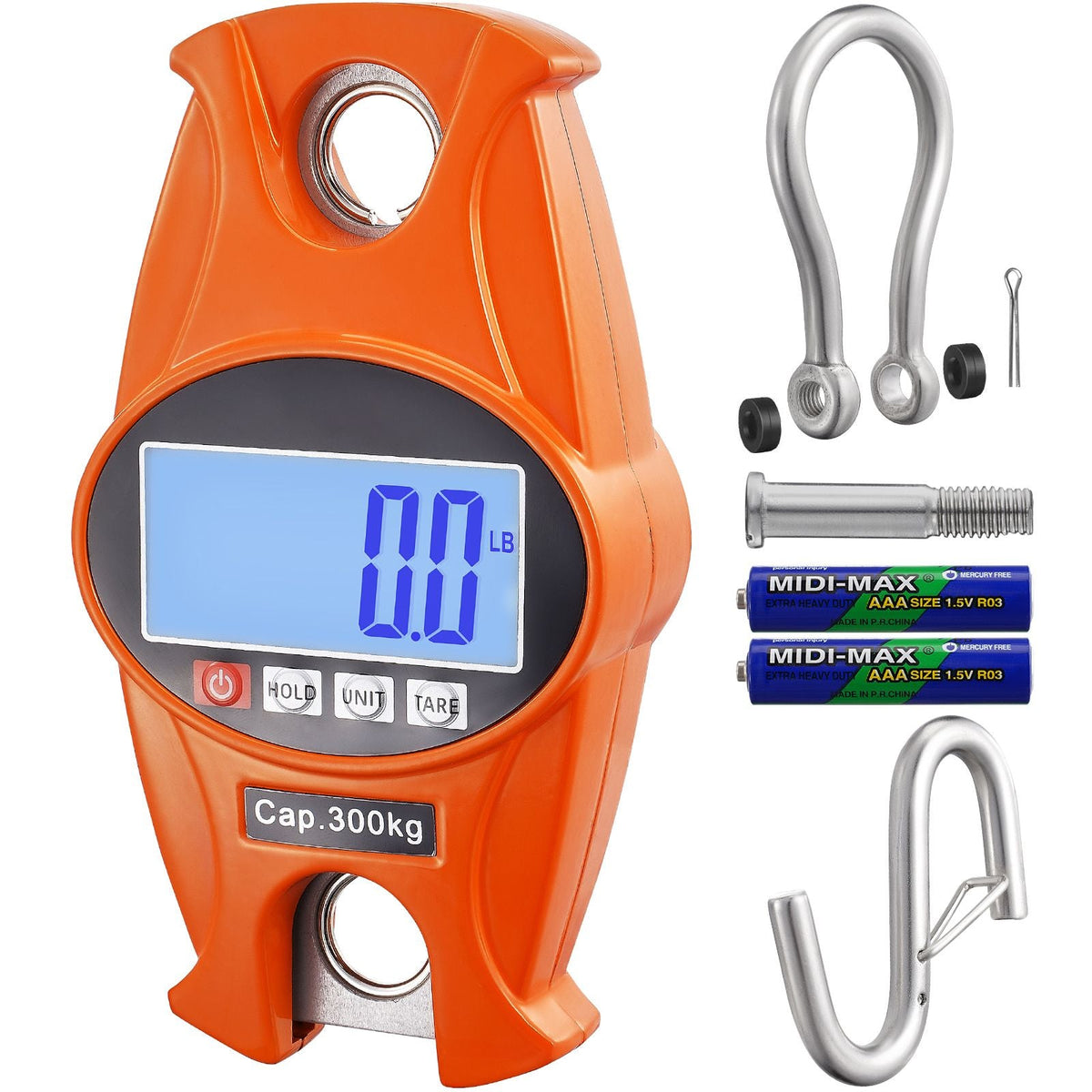 Digital Crane Scale, 660 lbs/300 kg, Industrial Heavy Duty Hanging Scale with Cast Aluminum Case & LCD Screen, Handheld Mini Crane with Hooks for Farm, Hunting, Fishing, Outdoor, Garage (Orange)