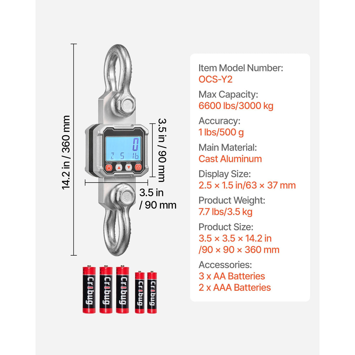 Digital Crane Scale, 6600 lbs/3000 kg Max Capacity, Heavy Duty Industrial Hanging Scale with Cast Aluminum Case & LCD Display, 1 lbs Division & 3 Unit Switch, Remote Control for Garage Factory