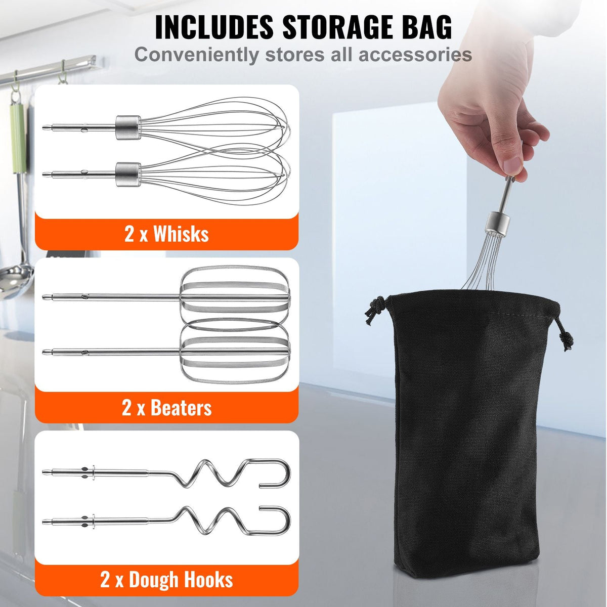 Digital Electric Hand Mixer, 5-Speed, 200W Portable Electric Handheld Mixer, with Turbo Boost Beaters Dough Hooks Whisk Storage Bag, Baking Supplies for Whipping Mixing Egg Cookie Cake Cream