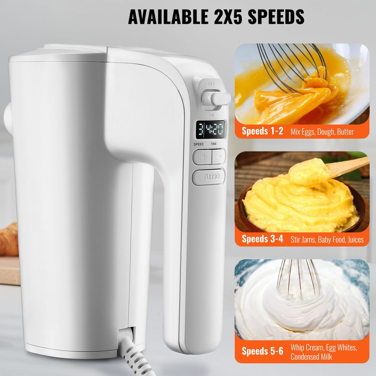 Digital Electric Hand Mixer, 5-Speed, 200W Portable Electric Handheld Mixer, with Turbo Boost Beaters Dough Hooks Whisk Storage Bag, Baking Supplies for Whipping Mixing Egg Cookie Cake Cream