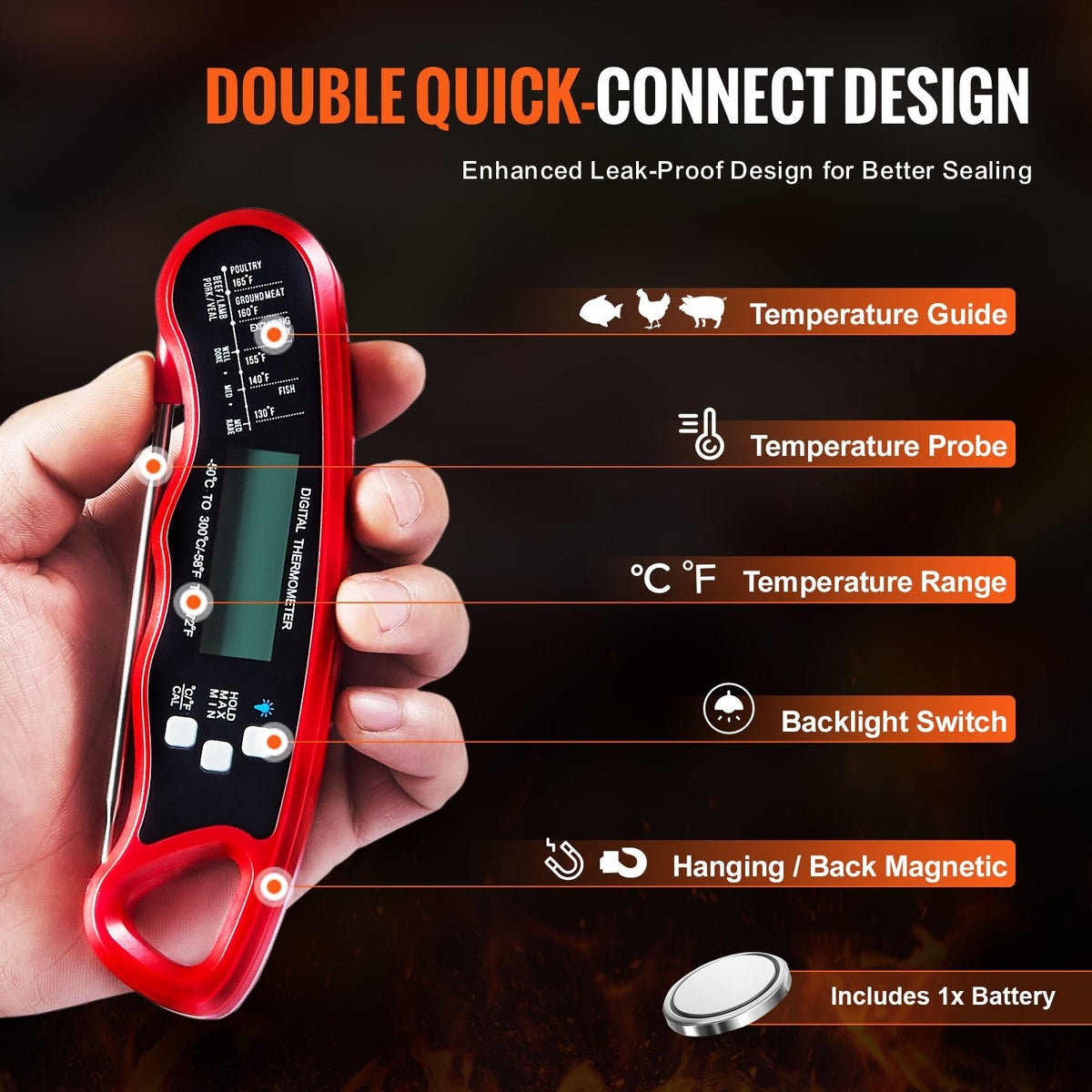 Digital Grill Thermometer, 1 F High-precision thermometer for Grill and Cooking, -58-572 F Measuring Range, IP65 Waterproof 3s measure, 180 degree Foldable Probe with Backlight & Back Magnetic