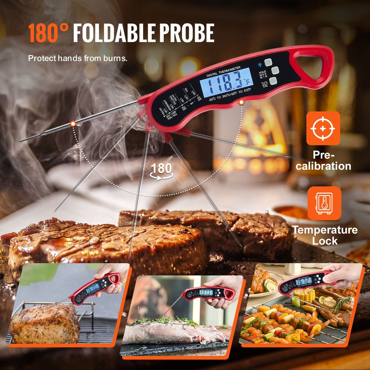 Digital Grill Thermometer, 1 F High-precision thermometer for Grill and Cooking, -58-572 F Measuring Range, IP65 Waterproof 3s measure, 180 degree Foldable Probe with Backlight & Back Magnetic