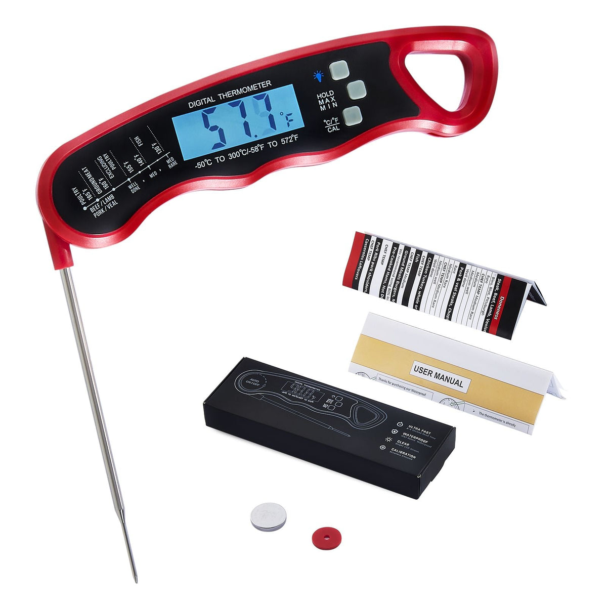 Digital Grill Thermometer, 1 F High-precision thermometer for Grill and Cooking, -58-572 F Measuring Range, IP65 Waterproof 3s measure, 180 degree Foldable Probe with Backlight & Back Magnetic