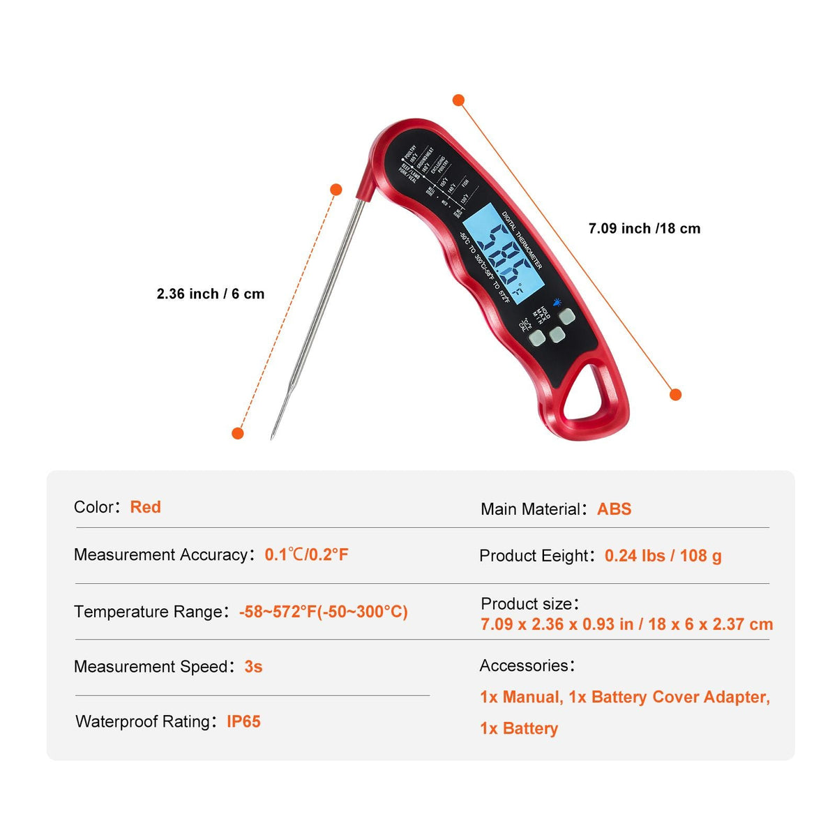 Digital Grill Thermometer, 1 F High-precision thermometer for Grill and Cooking, -58-572 F Measuring Range, IP65 Waterproof 3s measure, 180 degree Foldable Probe with Backlight & Back Magnetic